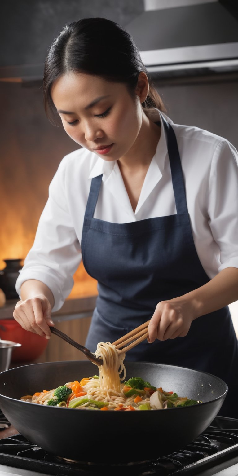 A masterpiece, (medium body:1) Photo of a 42 year old Asian woman preparing a dish of ramen and vegetables in a wok pan (modern food), dressed in white shirt, blue kitchen apron rustic jing cloth, concentrating on her culinary dish, with dynamic pose, ultra-realistic, 8k, HD, photography, lighting with shadows, black background, dark cinematic lighting, beautiful style, beautiful colors, cabin, (lighting background:1), (background with modern kitchen), (ornallas on).