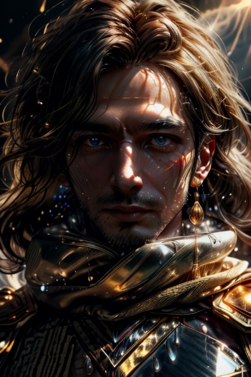 1man, Libra Shiryu, long dark hair (((Medium Shot))), dressed in the golden armor of Libra, holding a scepter with golden scales, on a black cloth background, The knights of the zodiac, Cloth and gold armor, perfect eyes, skin pores, clear skin, skin with gold drops, ((mystical background)) good anatomy, perfect hands, perfect eyes,4ry4,magical brackground,cloud, background_sky, mystical sky, ultra realistic, background details, (detail face), clear face, clear photography,perfecteyes, ((dramatic lighting)) sweat, (sweat droplets golden), God