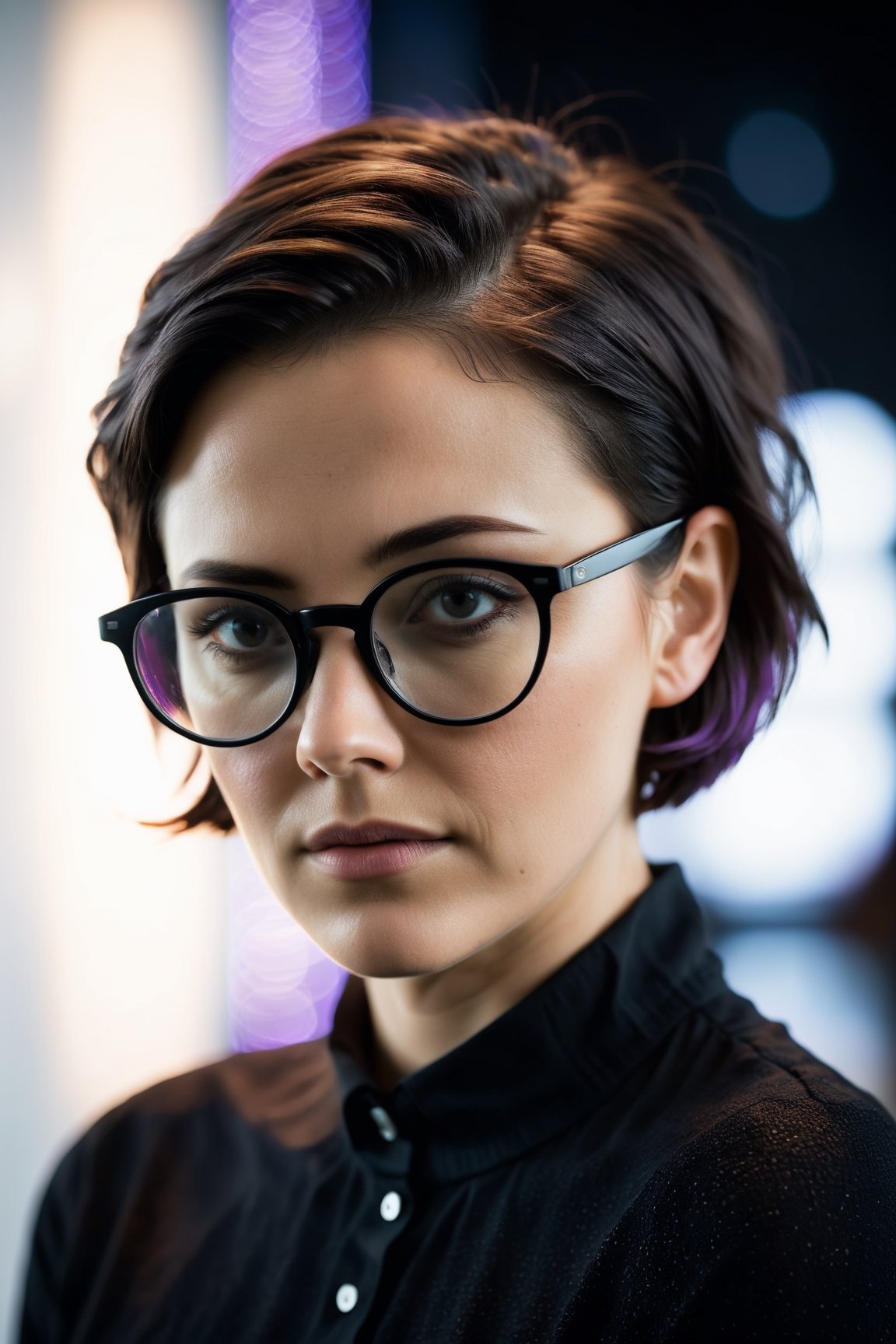 Woman with black glasses, wearing a black shirt, pore skin, no makeup, short hair, studio light, rim light, white background, shallow depth of field, highly detailed, high budget, film still, bokeh, cinemascope, moody, epic, gorgeous, film grain, a grainy, grim,  cinematic masterwork by the head of prompt engineering, more detail XL, Flora, (behind a white studio and beautiful field:1.2), (violet light lateral:1)