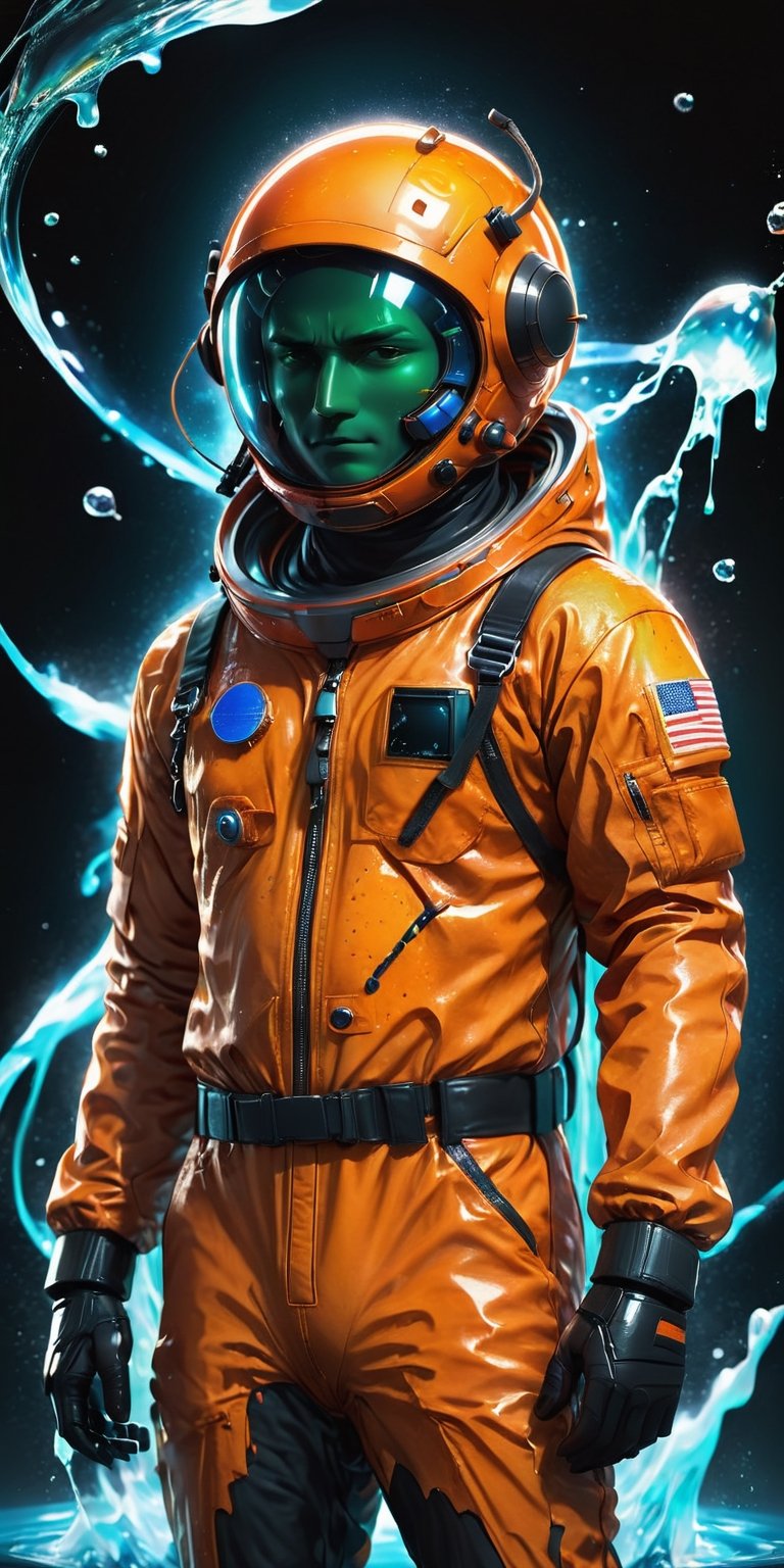 A masterpiece, a (medium-length:1) photographic image shows a man in an orange astronaut suit and an Orange fruit mask on his head, (liquid cheddar style.2), (Orange fruit head:1), The Orange fruit is large and covers the man's entire head. It has black eyes, a nose, and a mouth. The man's skin is light brown. He is wearing a blue shirt, a green tie, and green pants. The shirt has a pocket on the chest and the tie is tied with a simple knot. The pants have two pockets on the sides and are fastened with a black belt. The man is standing in front of a black background, (Esao Andrews:1), with dynamic pose, ultra-realistic, 8k, HD, photography, lighting with shadows, black background, dark cinematic lighting, beautiful style, beautiful colors, booth, (lighting background:1), (stars sky),liquid dress,ice and water,starry sky