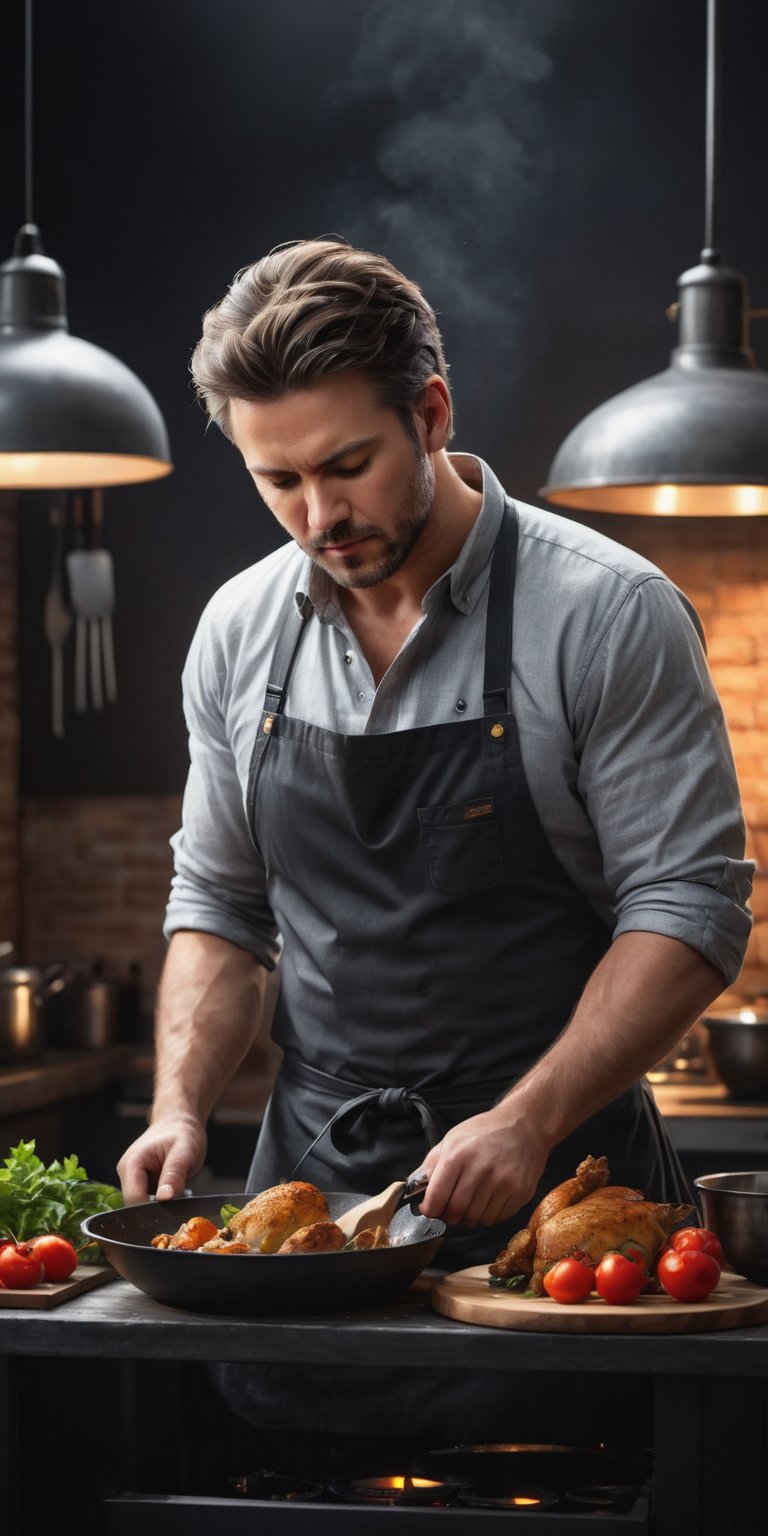 A masterpiece, a (full body:1) (half body:1) Photo of a 42 year old American man preparing a dish with chicken (modern food), dressed in gray shirt, rustic black kitchen apron, concentrating on his culinary dish, with dynamic pose, ultra-realistic, 8k, HD, photography, lighting with shadows, black background, dark cinematic lighting, beautiful style, beautiful colors, cabin, (lighting background:1), (background with oven with chickens), (worn brick walls).