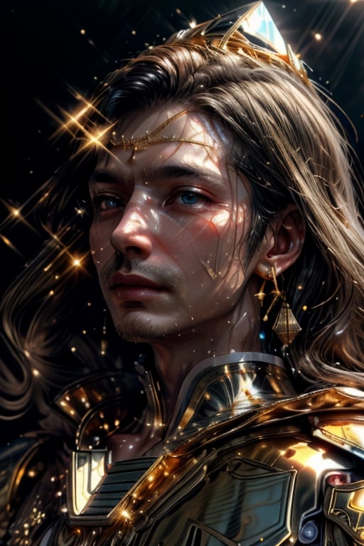 1man, Libra Shiryu, long dark hair (((Medium Shot))), dressed in the golden armor of Libra, holding a scepter with golden scales, on a black cloth background, The knights of the zodiac, Cloth and gold armor, perfect eyes, skin pores, clear skin, skin with gold drops, ((mystical background)) good anatomy, perfect hands, perfect eyes,4ry4,magical brackground,cloud, background_sky, mystical sky, ultra realistic, background details, (detail face), clear face, clear photography,perfecteyes, ((dramatic lighting)) sweat, (sweat droplets golden), God and the stars, the space is nice, random place, a lovely golden armor
