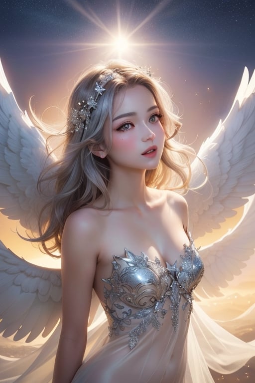 (((Masterpiece))), (((Top quality))), ((Super detailed)), (Illustration), (Detailed light), ((Very delicate and beautiful)), (Beautiful detailed eyes) , (Sunshine), (Angel), Solo, Young Girl, Dynamic Angle, Floating, Bare Shoulders, Looking at the Beholder, Wings, Arms Raised, Halo, Floating White Silk, (Holy Light), Just Silver We absorb sunlight as stars explode.