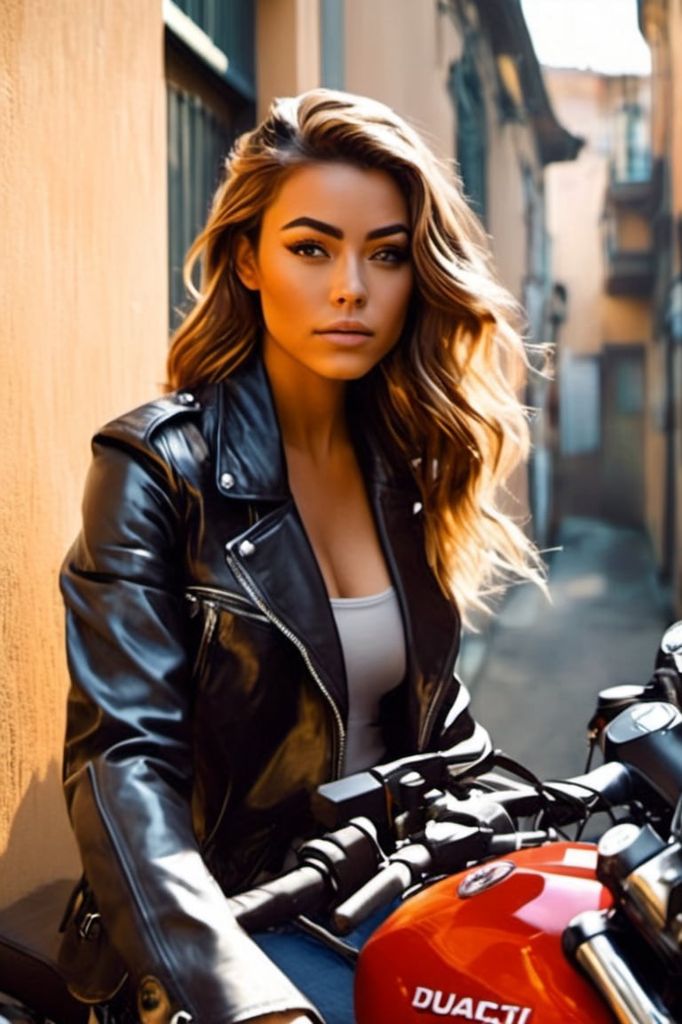 Painting in the style of prismatic portraits, beautiful landscapes, hyperrealistic precision, digital art techniques, impressionist: dappled light, bold, colorful portraits, wide angle. A young Hollywood star sitting on a Ducati motorcycle next to the wall. High nose bridge, doe eyes, sharp jawline, plump lips, and an hourglass figure. Soft lighting wraps around her face, accentuating every curve and crease. Cluttered maximalism. Womancore. Mote Kei. Extremely high-resolution details.,JPO,bunkajutaku