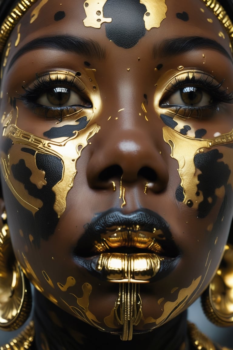 (Rorschach:0.5) Editorial Photography, Extreme Close Up Female Face, Black Skinned Goddess, Neo Tribal Art, Bokeh, fuul body, (Golden Lips:1.2),Vitiligo