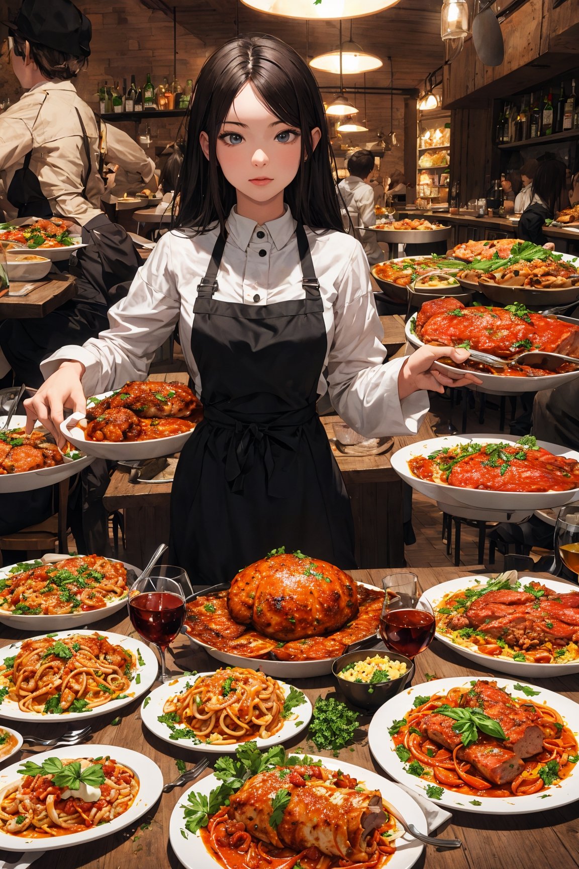 absurdres, highres, ultra detailed, (1girl:1.3), BREAK ,(Lots of italian dishes:1.3) ,(Large_meals:1.4),(Surrounded by a lot of italian food),(Surrounded by a lot of italian food),(Surrounded by a lot of italian food),(Surrounded by a lot of italian food),(Surrounded by a lot of italian food) 