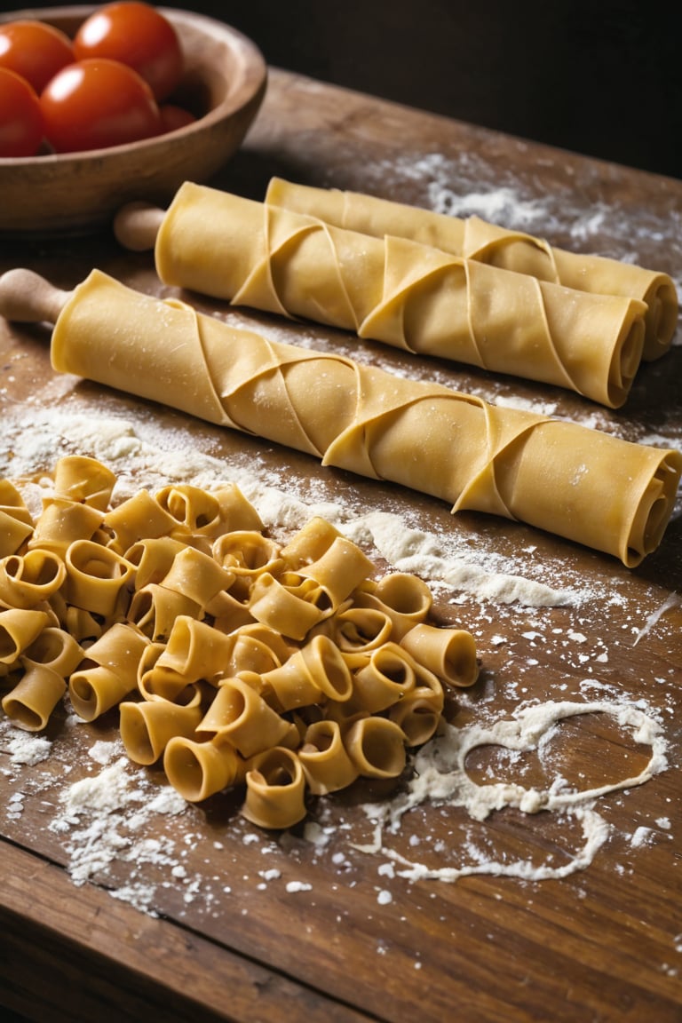 Create a vibrant and detailed illustration showcasing a variety of traditional pasta types. The scene should be set in a cozy Italian kitchen or a rustic pasta workshop, filled with the rich cultural ambiance of Italy. Highlight each type of pasta with clear visual representation, from the preparation of the dough to the final shapes. Include both common and unique pasta varieties, showcasing their distinct characteristics and origins:

1. **Pasta Dough Preparation:** Begin with a scene of a cook preparing the pasta dough. Show a wooden workbench dusted with flour, where ingredients like eggs, flour, and water are being mixed and kneaded into a smooth, elastic dough. Capture the hands-on process of kneading the dough, the rich, golden color of the mixture, and the tools used, such as a rolling pin and a pasta cutter.

2. **Sheet Pasta (Fettuccine and Lasagna):** Illustrate the process of rolling out the dough into thin sheets. Show the dough being fed through a pasta machine or rolled out by hand into long, even sheets. Highlight the process of cutting these sheets into fettuccine ribbons and wide lasagna strips. Display the fettuccine arranged in neat nests and lasagna sheets laid flat, ready for cooking or drying.

3. **Ribbon Pasta (Tagliatelle and Pappardelle):** Visualize the rolling and cutting of pasta into wider ribbons. Show tagliatelle, slightly narrower, and pappardelle, broader and thicker. Include details of the pasta being dusted with flour to prevent sticking and neatly coiled into bundles. Capture the subtle differences in width and texture between these types.

4. **Tube Pasta (Penne and Rigatoni):** Depict the shaping of tubular pasta using a pasta extruder or by hand. Show the process of forming penne with their diagonal cuts and ridged surface, and rigatoni with their wider diameter and straight cuts. Display these pasta types in a bowl, highlighting their ability to hold sauce inside their ridges and hollow centers.

5. **Stuffed Pasta (Ravioli and Tortellini):** Illustrate the process of making stuffed pasta. Show small squares of dough being filled with mixtures like ricotta, spinach, or meat for ravioli. Capture the folding and sealing of the dough into neat parcels. For tortellini, depict the dough being wrapped around the filling and twisted into ring shapes. Include the process of crimping the edges to seal the fillings inside.

6. **Shaped Pasta (Fusilli and Farfalle):** Visualize the creation of shaped pasta. Show fusilli being twisted into spiral shapes using a special tool or by hand. For farfalle, depict the cutting of small rectangles of dough and pinching them in the center to create bow-tie shapes. Highlight the intricate details and playful forms of these pastas.

7. **Long Pasta (Spaghetti and Linguine):** Depict the making of long, thin pasta strands. Show spaghetti being stretched and cut into uniform lengths. Illustrate the slight flatness of linguine, with its edges slightly thicker than the middle. Display these pastas hanging to dry on a drying rack or coiled into nests.

8. **Specialty Pasta (Orecchiette and Cavatelli):** Conclude with unique regional pasta types. Show orecchiette, small ear-shaped pasta, being formed by pressing with the thumb or a special tool. Illustrate cavatelli, small rolled pasta with a hollow center, created by rolling pieces of dough with fingers. Highlight the distinctive shapes and textures that make these pastas stand out.

9. **Cultural Ambiance and Surroundings:** Add a backdrop that reflects the warm, inviting atmosphere of Italian cuisine. Include details like baskets of fresh ingredients (tomatoes, basil, garlic), a rolling pin, a pasta drying rack, and a cozy kitchen setting with rustic wooden shelves and hanging herbs. Capture the essence of Italian culinary tradition and the joy of handmade pasta.

Use warm, earthy tones and detailed textures to bring each type of pasta to life, from the smooth, golden dough to the intricate, finished shapes. Each type should be clearly labeled to guide the viewer through the variety of pasta styles and the craftsmanship involved in their creation.
This prompt should provide a vivid and engaging depiction of various pasta types, showcasing their unique forms and the artisanal process behind each one, set in a charming Italian kitchen environment.