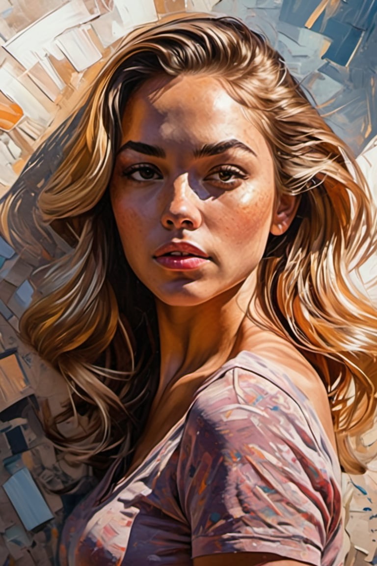 Painting in the style of prismatic portraits, beautiful landscapes, hyperrealistic precision, digital art techniques, impressionist: dappled light, bold, colorful portraits, wide angle. A young Hollywood star sitting on a Ducati motorcycle next to the wall. High nose bridge, doe eyes, sharp jawline, plump lips, and an hourglass figure. Soft lighting wraps around her face, accentuating every curve and crease. Cluttered maximalism. Womancore. Mote Kei. Extremely high-resolution details.,Extremely Realistic