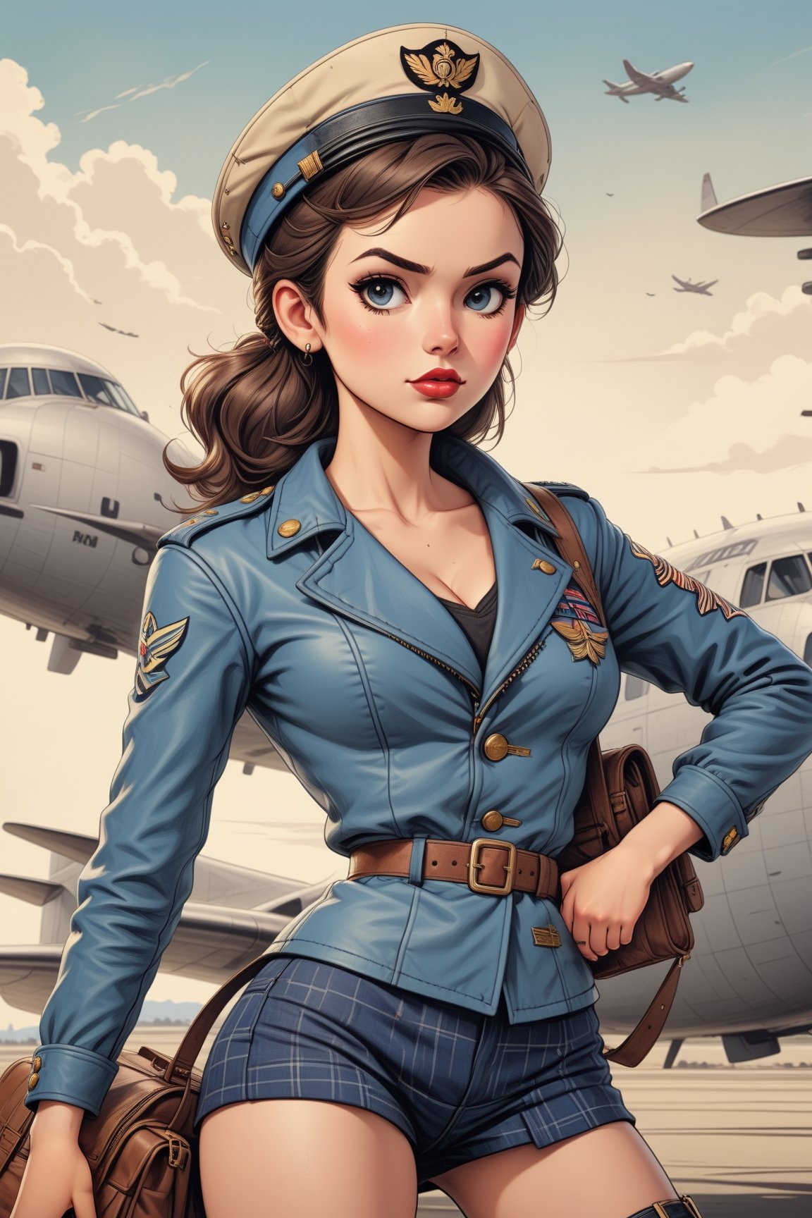 vintage comic book illustration of a commercial aviation captain woman at the airport, only one woman, airport background, dark brown ponytail hairstyle, wearing blue leather jacket, plaid miniskirt, blue aviation captain cap, wearing white blouse, showing small breast under the bloue, great cleavage, long cleavage, sexy body, black lips, tattooed body, detailed gorgeous face, exquisite detail, ((full body)), 30-megapixel, 4k, Flat vector art, Vector illustration, Illustration, ,,rubber_hose_character,,vintagepaper,,,<lora:659095807385103906:1.0>