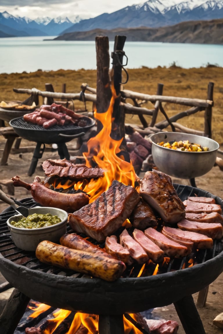 Absolutely! Here’s a detailed prompt to create an image that illustrates the traditional process of preparing and enjoying a Patagonia barbecue, known as "Asado":

---

"Create a richly detailed and vibrant illustration that captures the traditional process of preparing and enjoying a Patagonia barbecue, or 'Asado.' The scene should progress from left to right, set in the stunning Patagonian landscape with open plains, mountains, and a rustic outdoor setting:

1. **Preparing the Fire:** Begin with a scene in an open outdoor setting where the fire is being prepared. Show a large, rustic fire pit with logs and kindling arranged carefully to build a strong, lasting fire. Include a 'parrilla' (grill) setup with metal grates and a spit. The background should feature the breathtaking Patagonian landscape with mountains, open skies, and possibly a distant lake or river.

2. **Selecting and Preparing the Meat:** Illustrate a group of gauchos (Patagonian cowboys) or cooks selecting and preparing large cuts of meat. Show them seasoning beef ribs, lamb, sausages, and other traditional meats with coarse salt and spices. Capture the variety and abundance of meats typical of an Asado, with rich, marbled textures and rustic preparation tools like wooden cutting boards and sharp knives.

3. **Cooking on the Parrilla:** Visualize the meat being placed on the 'parrilla' over the glowing coals. Show the slow, deliberate cooking process with meats sizzling and browning as they roast. Highlight the traditional method of cooking lamb on a cross-shaped spit ('asador') angled over the fire, slowly turning and dripping with juices. Include the smoke rising and the golden, crisping edges of the meat.

4. **Cooking on the Grill:** Depict various cuts of meat and vegetables arranged on the grill, with flames licking up from the coals. Show sausages ('chorizos'), ribs ('costillas'), and other meats developing a charred, smoky crust. Include colorful bell peppers, onions, and corn being grilled alongside the meats, adding to the feast.

5. **Preparing Side Dishes and Sauces:** Illustrate a rustic table set nearby where traditional side dishes and sauces are being prepared. Show bowls of fresh salads, grilled vegetables, and the iconic 'chimichurri' sauce being mixed with herbs, garlic, and olive oil. Capture the rich, green hues of the chimichurri and the fresh, vibrant colors of the salads.

6. **Serving and Enjoying the Feast:** Transition to a communal dining scene where the cooked meats are being served. Show a large, rustic wooden table laden with the grilled meats, side dishes, and sauces. Include gauchos and guests eagerly filling their plates, raising glasses of red wine or local beverages in celebration. Emphasize the sense of community and festivity with people sharing stories and laughter around the table.

7. **Patagonian Landscape and Atmosphere:** Conclude with the overall ambiance of the setting. Include details of the Patagonian wilderness: a backdrop of majestic mountains, expansive skies, and maybe a glimpse of wildlife or horses grazing nearby. Highlight the warmth of the fire, the rustic charm of the gathering, and the serene beauty of the landscape.

Use warm, earthy tones and detailed textures to bring each stage to life, from the crackling fire and smoky meats to the rugged beauty of the Patagonian landscape. Each stage should be clearly labeled to guide the viewer through the traditional process and celebration of a Patagonia barbecue."

---

This prompt should vividly capture the traditional, communal, and scenic experience of a Patagonia barbecue, emphasizing both the culinary process and the stunning natural setting.