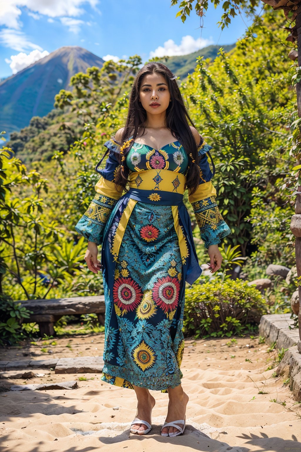 Create a full-body image featuring a woman representing the beauty and diversity of Ecuador. The woman should embody a random representative race, with a skin color and eye color that reflects the rich mosaic of ethnicities found in Ecuador. She should be dressed in traditional Ecuadorian clothing with a contemporary twist, blending elements from indigenous cultures like Kichwa, Shuar, or Waorani with modern fashion sensibilities. The attire should be colorful and intricately designed, showcasing the intricate textiles and vibrant patterns typical of Ecuadorian craftsmanship.

Her posture should exude confidence and grace, with subtle hints of the country's cultural heritage in her stance. The background should depict a scene that captures the essence of Ecuador, such as the lush greenery of the Amazon rainforest, the majestic peaks of the Andes mountains, or the serene beauty of the Galápagos Islands. The background should be filled with rich details that immerse the viewer in the unique sights and sounds of Ecuadorian life, whether it's the vibrant street markets, traditional music, or the colorful festivities of local celebrations.