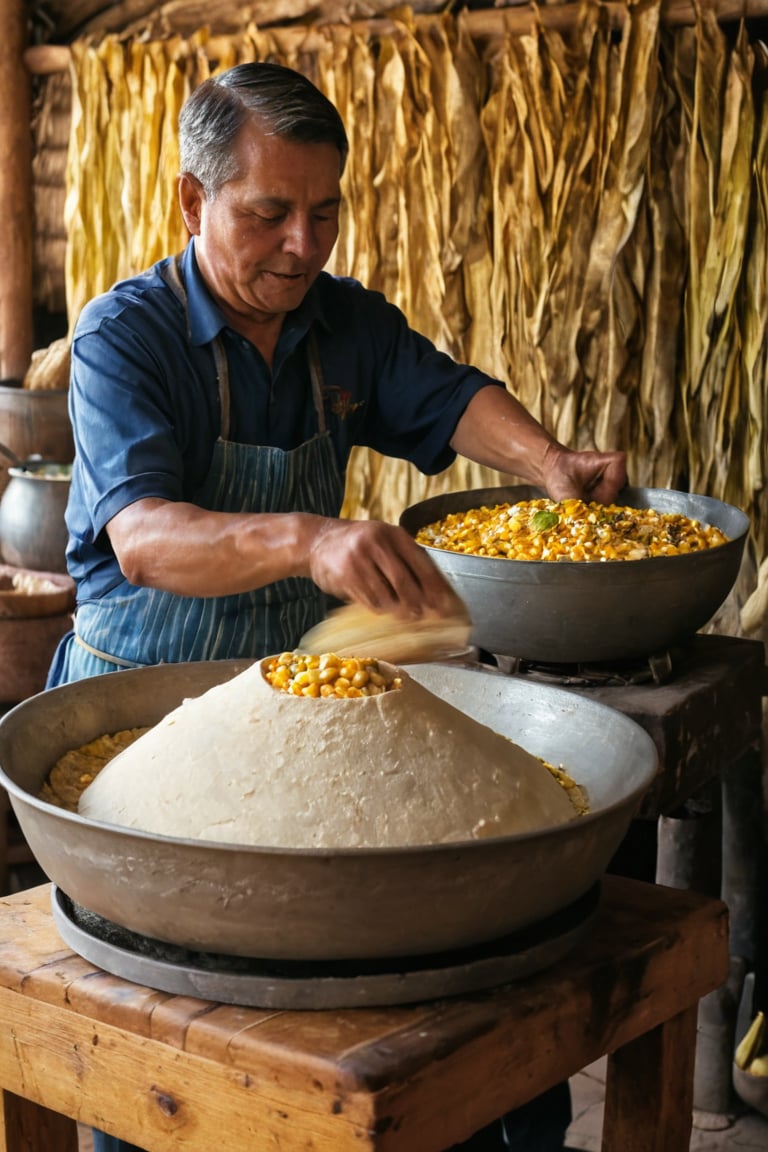 Create a detailed and vibrant illustration capturing the traditional process of making corn tortillas on a 'comal' in a rural Mexican setting. The scene should progress from left to right, set in a warm, inviting kitchen or outdoor area surrounded by the rich cultural elements of Mexico. Each stage should highlight the artisanal craftsmanship and vibrant atmosphere:

1. **Harvesting and Preparing Corn:** Begin with a scene in a sunlit cornfield where farmers are harvesting ripe ears of corn. Show the vibrant yellow and green hues of the corn, with workers picking and collecting the cobs in woven baskets. In a nearby area, depict the process of drying the corn kernels, ready to be used for masa.

2. **Nixtamalization:** Illustrate the traditional process of nixtamalization, where dried corn kernels are soaked and cooked in an alkaline solution, usually limewater. Show a large pot over an open flame with corn boiling and a worker stirring the pot. Highlight the transformation of the kernels as they soften and their husks begin to loosen.

3. **Grinding the Corn:** Depict the nixtamalized corn being ground into masa using a traditional stone 'metate' or a manual grinder. Show a worker skillfully grinding the corn to a fine, smooth dough, emphasizing the rich, earthy texture of the masa. Include details like the intricate patterns on the metate and the rhythmic motion of the grinding process.

4. **Shaping the Tortillas:** Visualize the masa being divided into small balls and flattened into tortillas using a hand-operated tortilla press or by patting them between hands. Show a cook pressing the masa balls into thin, round tortillas on a wooden press or using their hands with dexterous skill. Capture the smooth, even surfaces of the freshly shaped tortillas.

5. **Cooking on the Comal:** Illustrate the tortillas being cooked on a traditional 'comal', a flat, round griddle made of clay or metal. Show the tortillas puffing up as they cook, with golden-brown spots forming on their surfaces. Include the gentle smoke rising from the comal and the rustic setting of an open-fire or wood-fired stove.

6. **Serving and Enjoying:** Transition to a vibrant scene of freshly cooked tortillas being served. Show a family or group of people gathered around a rustic table, enjoying the warm, steaming tortillas. Include traditional accompaniments like beans, salsa, fresh herbs, and grilled meats. Highlight the convivial atmosphere and the communal sharing of food.

7. **Cultural Ambiance:** Conclude with a backdrop that reflects the rich cultural heritage of Mexico. Include elements like colorful pottery, woven textiles, and decorative tiles. The setting could be in a cozy kitchen with warm adobe walls or an outdoor patio with lush greenery and bright flowers. Capture the essence of Mexican hospitality and tradition.

Use warm, earthy tones and detailed textures to bring each stage to life, from the golden corn kernels to the rustic comal and the lively dining scene. Each stage should be clearly labeled to guide the viewer through the artisanal process of making corn tortillas.
This prompt should vividly capture the traditional and cultural richness of making corn tortillas in Mexico, highlighting both the detailed craftsmanship and the vibrant communal experience.