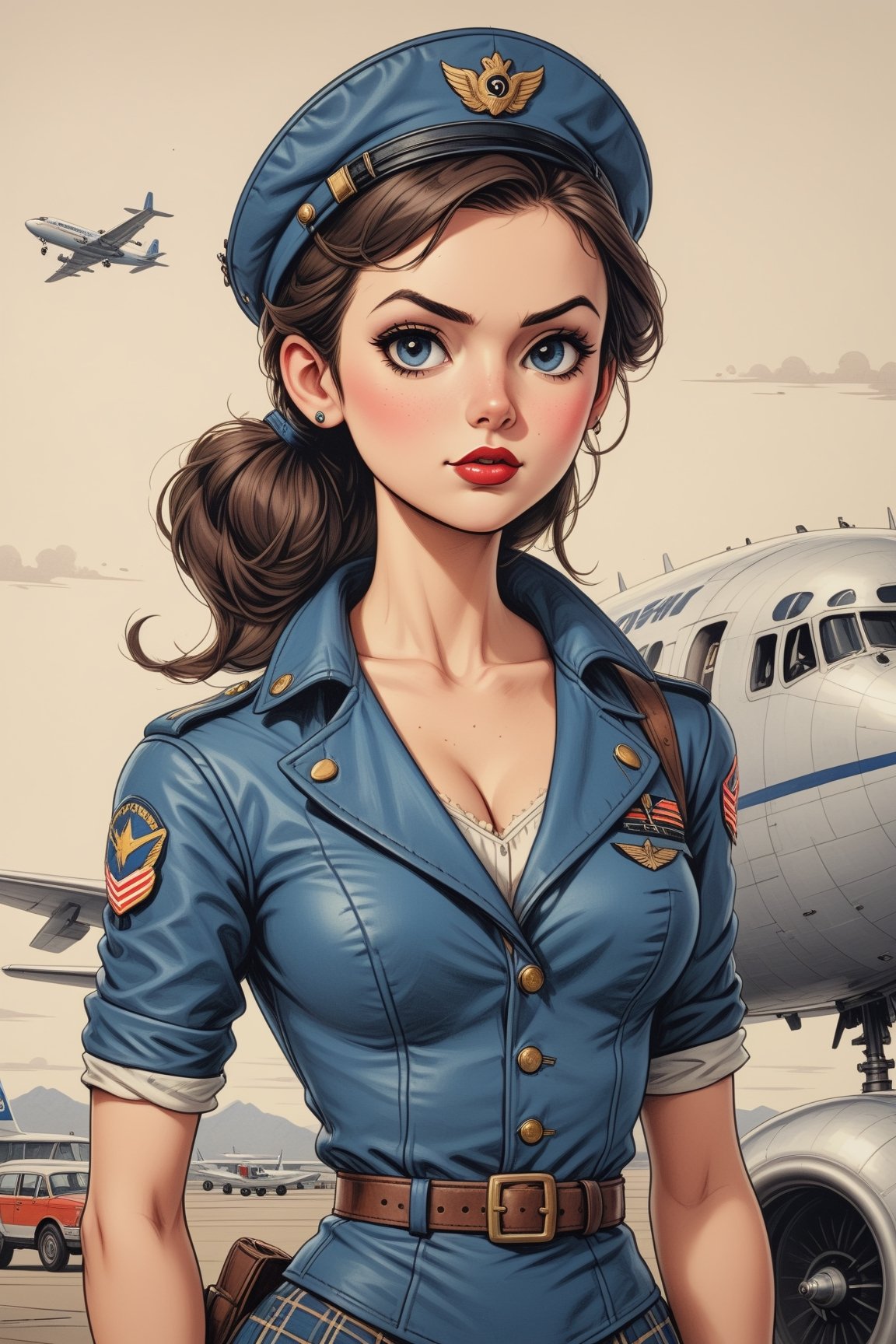 vintage comic book illustration of a commercial aviation captain woman at the airport, only one woman, airport background, dark brown ponytail hairstyle, wearing blue leather jacket, plaid miniskirt, blue aviation captain cap, wearing white blouse, showing small breast under the bloue, great cleavage, long cleavage, sexy body, black lips, tattooed body, detailed gorgeous face, exquisite detail, ((full body)), 30-megapixel, 4k, Flat vector art, Vector illustration, Illustration, ,,rubber_hose_character,,vintagepaper,,,,<lora:659095807385103906:1.0>