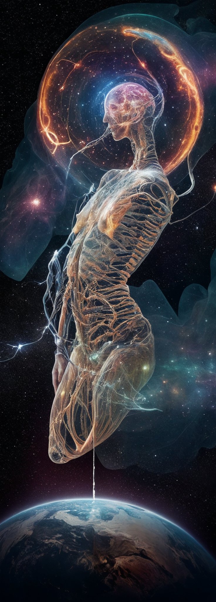 In this surreal still life, a transparent gelatin mold takes shape to form a human body, its translucent form suspended amidst the swirling stars of the Milky Way. The brain and nervous system, aglow with vibrant hues, resemble a celestial map etched within the gelatin's delicate folds. Scenic lights cast an ethereal glow, as if cosmic forces have awakened the intricate neural networks, illuminating the fragile structures from within.,Extremely Realistic