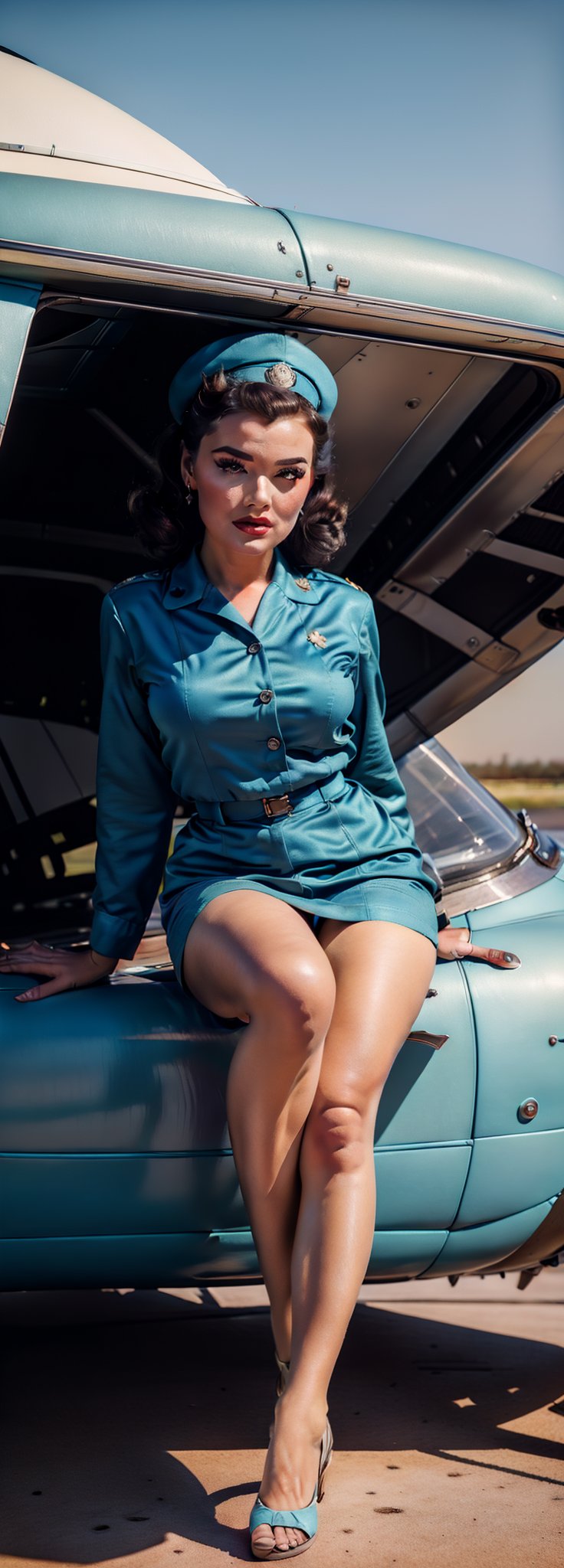 Exquisite facial features radiate from the perfect face of a stunning 1-girl solo Pin-Up. Set against a brilliant blue sky with puffy clouds, she sits barefoot in her (((military uniform))), complete with hat and skirt, as if emerging from an aircraft. A sailor's cover adorns the back of her uniform, while a pilot's cap rests on her knee. The propeller of the airplane spins softly in the background, drawing focus to this masterpiece of digital artistry, rendered in exquisite detail for an 8K wallpaper.
