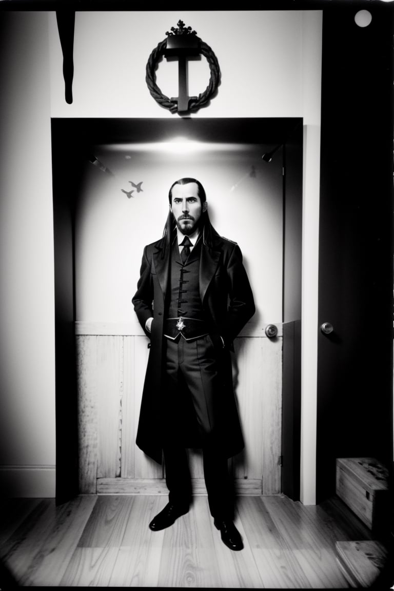 Sacha Noam Baron Cohen as Rasputin, black clothing, Black and White,pinhole photography