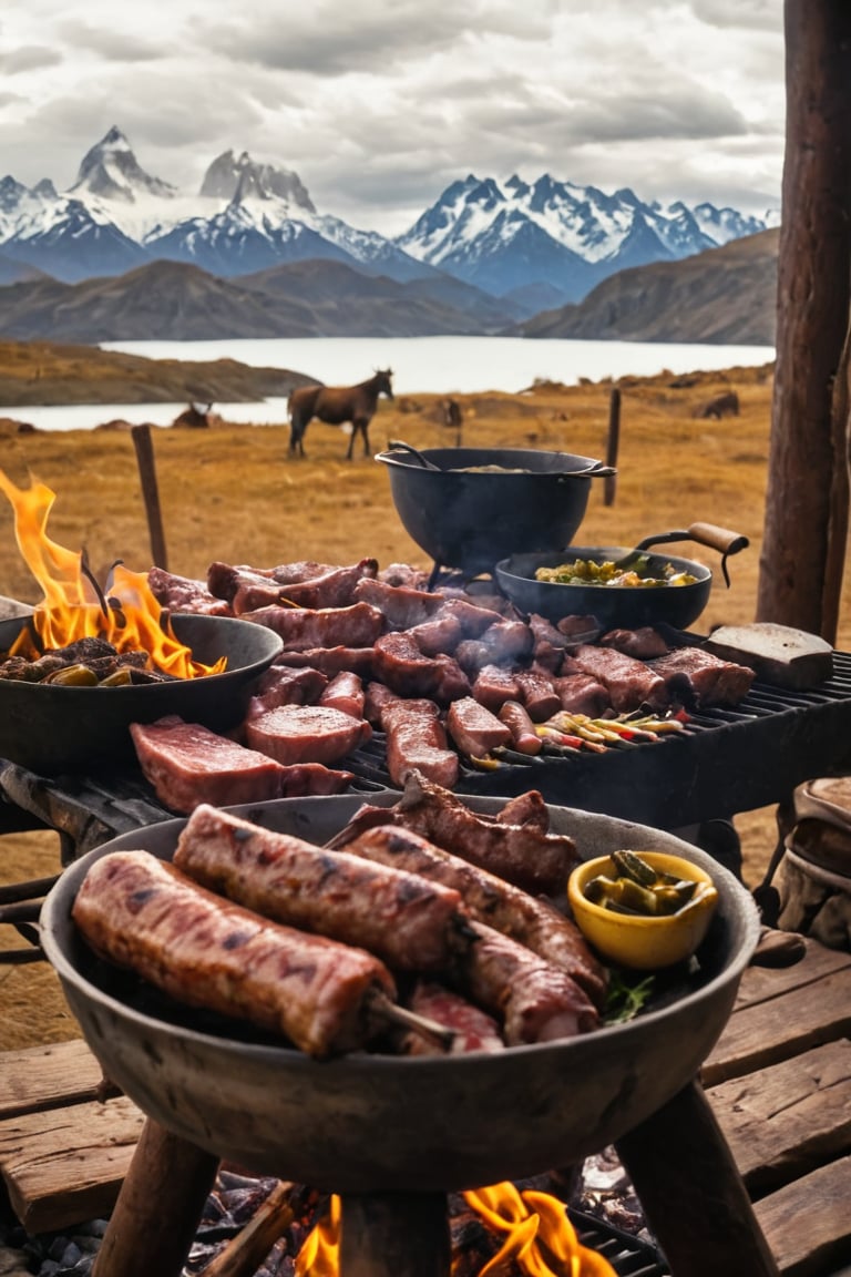 Absolutely! Here’s a detailed prompt to create an image that illustrates the traditional process of preparing and enjoying a Patagonia barbecue, known as "Asado":

---

"Create a richly detailed and vibrant illustration that captures the traditional process of preparing and enjoying a Patagonia barbecue, or 'Asado.' The scene should progress from left to right, set in the stunning Patagonian landscape with open plains, mountains, and a rustic outdoor setting:

1. **Preparing the Fire:** Begin with a scene in an open outdoor setting where the fire is being prepared. Show a large, rustic fire pit with logs and kindling arranged carefully to build a strong, lasting fire. Include a 'parrilla' (grill) setup with metal grates and a spit. The background should feature the breathtaking Patagonian landscape with mountains, open skies, and possibly a distant lake or river.

2. **Selecting and Preparing the Meat:** Illustrate a group of gauchos (Patagonian cowboys) or cooks selecting and preparing large cuts of meat. Show them seasoning beef ribs, lamb, sausages, and other traditional meats with coarse salt and spices. Capture the variety and abundance of meats typical of an Asado, with rich, marbled textures and rustic preparation tools like wooden cutting boards and sharp knives.

3. **Cooking on the Parrilla:** Visualize the meat being placed on the 'parrilla' over the glowing coals. Show the slow, deliberate cooking process with meats sizzling and browning as they roast. Highlight the traditional method of cooking lamb on a cross-shaped spit ('asador') angled over the fire, slowly turning and dripping with juices. Include the smoke rising and the golden, crisping edges of the meat.

4. **Cooking on the Grill:** Depict various cuts of meat and vegetables arranged on the grill, with flames licking up from the coals. Show sausages ('chorizos'), ribs ('costillas'), and other meats developing a charred, smoky crust. Include colorful bell peppers, onions, and corn being grilled alongside the meats, adding to the feast.

5. **Preparing Side Dishes and Sauces:** Illustrate a rustic table set nearby where traditional side dishes and sauces are being prepared. Show bowls of fresh salads, grilled vegetables, and the iconic 'chimichurri' sauce being mixed with herbs, garlic, and olive oil. Capture the rich, green hues of the chimichurri and the fresh, vibrant colors of the salads.

6. **Serving and Enjoying the Feast:** Transition to a communal dining scene where the cooked meats are being served. Show a large, rustic wooden table laden with the grilled meats, side dishes, and sauces. Include gauchos and guests eagerly filling their plates, raising glasses of red wine or local beverages in celebration. Emphasize the sense of community and festivity with people sharing stories and laughter around the table.

7. **Patagonian Landscape and Atmosphere:** Conclude with the overall ambiance of the setting. Include details of the Patagonian wilderness: a backdrop of majestic mountains, expansive skies, and maybe a glimpse of wildlife or horses grazing nearby. Highlight the warmth of the fire, the rustic charm of the gathering, and the serene beauty of the landscape.

Use warm, earthy tones and detailed textures to bring each stage to life, from the crackling fire and smoky meats to the rugged beauty of the Patagonian landscape. Each stage should be clearly labeled to guide the viewer through the traditional process and celebration of a Patagonia barbecue."

---

This prompt should vividly capture the traditional, communal, and scenic experience of a Patagonia barbecue, emphasizing both the culinary process and the stunning natural setting.