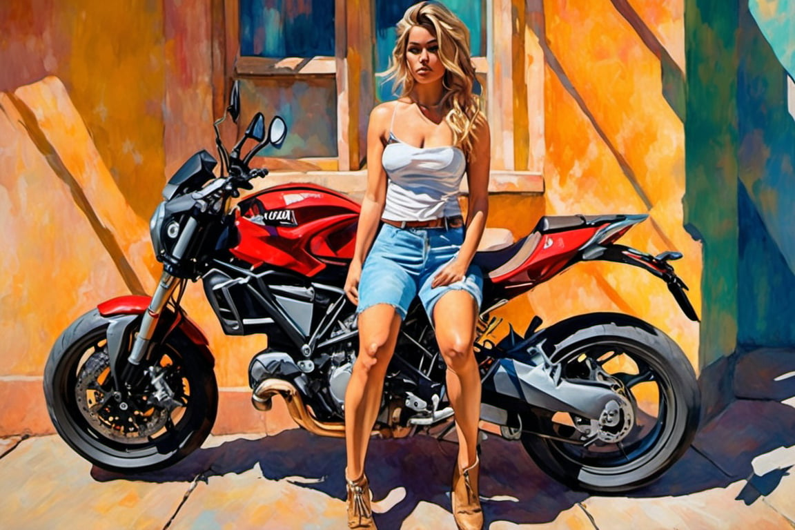 Painting in the style of prismatic portraits, beautiful landscapes, hyperrealistic precision, digital art techniques, impressionist: dappled light, bold, colorful portraits, wide angle. A young Hollywood star sitting on a Ducati motorcycle next to the wall. High nose bridge, doe eyes, sharp jawline, plump lips, and an hourglass figure. Soft lighting wraps around her face, accentuating every curve and crease. Cluttered maximalism. Womancore. Mote Kei. Extremely high-resolution details.,JPO