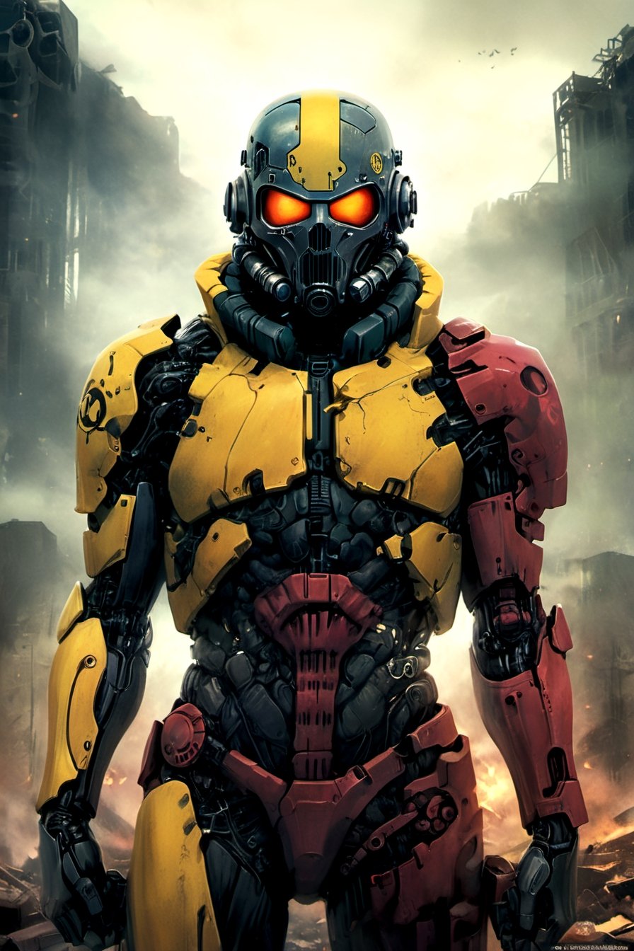 Create an image featuring a Vault 137 soldier donning an advanced thermal military suit tailored for survival in the harsh post-apocalyptic world of Fallout 5. The design of the suit should reflect the iconic aesthetic of the Fallout series, with a mix of retro-futuristic elements and rugged functionality.

The soldier, standing amidst the ruins of a dilapidated wasteland, wears the Vault 137 thermal suit adorned with hexagonal panels, reminiscent of Vault-Tec's signature design. The colors should evoke the worn and weathered look characteristic of Fallout's visual style, with tones of olive green, rusty red, and dull yellow.

The hexagonal panels of the suit should have a metallic finish, showing signs of wear and tear from years of use in the unforgiving wasteland. Embedded within the suit are advanced technological components, such as integrated sensors and a capillarity system for water recycling, giving it a distinct futuristic edge.

The soldier's stance should exude confidence and readiness for action, with weapons and gear typical of the Fallout universe at their side. Behind the soldier, the remnants of a Vault 137 entrance or a desolate wasteland landscape should set the scene, reinforcing the post-apocalyptic atmosphere.

Overall, the image should capture the essence of survival and resilience in the Fallout universe, portraying the Vault 137 thermal suit as a crucial tool for navigating the dangers of the wasteland in Fallout 5.,digital artwork by Beksinski