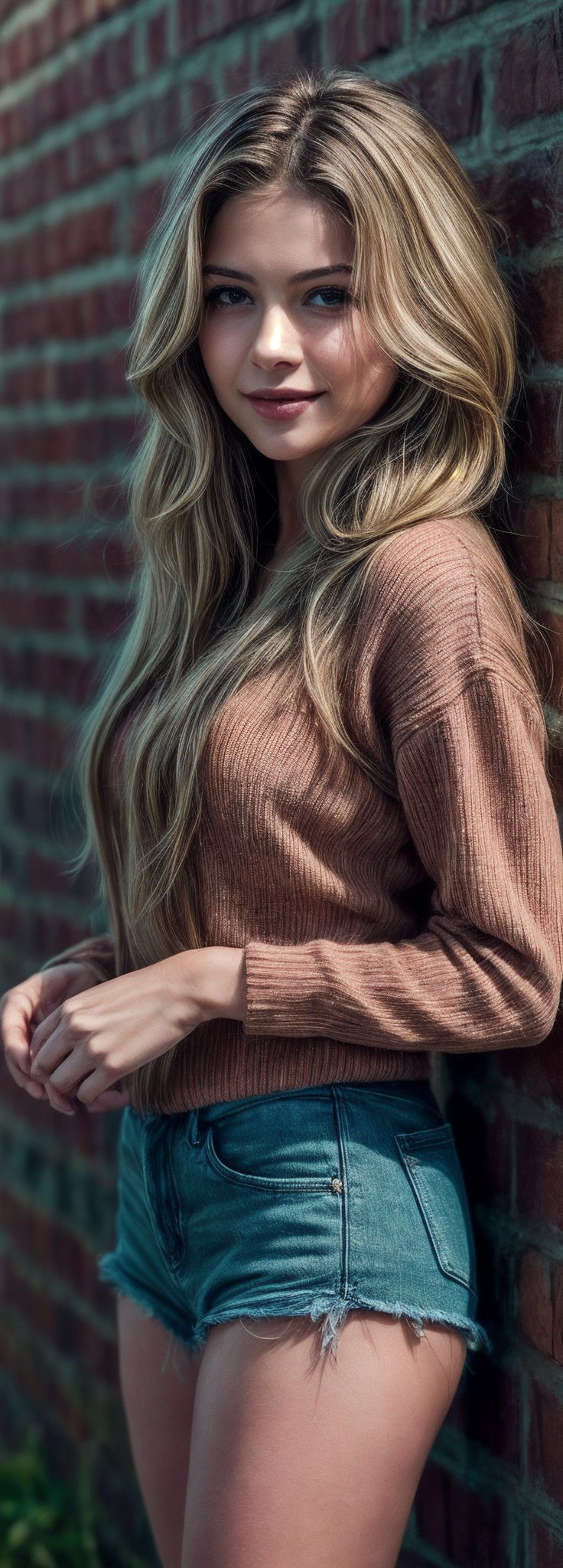 Create an ultra-realistic image of a woman with flowing blond hair, standing in front of a weathered brick wall. She's dressed in a orange sweater, which she lifts slightly, showcasing a hint of blush on her tanned skin. With a gentle smile, she looks directly at the viewer, her long hair cascading down. The scene radiates simplicity and genuine beauty, highlighting the natural elegance of the moment. Her hands and fingers are impeccably depicted, with a focus on their short, perfect form. The image should be photorealistic.