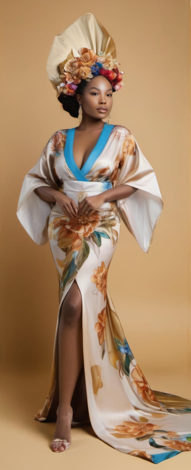 African busty and sexy girl, 8k, masterpiece, ultra-realistic, best quality, high resolution, high definition, The figure wears an FLOWER headdress adorned with gold accents and pearls. LOW-CUT, FLOWER PATTERN KIMONO. Gold embroidery and gemstones create a sense of luxury. The fabric drapes elegantly, suggesting a flowing robe or gown. The overall color palette—rich golds and glowing whites. COLORFUL SMOKE BACKGROUND.