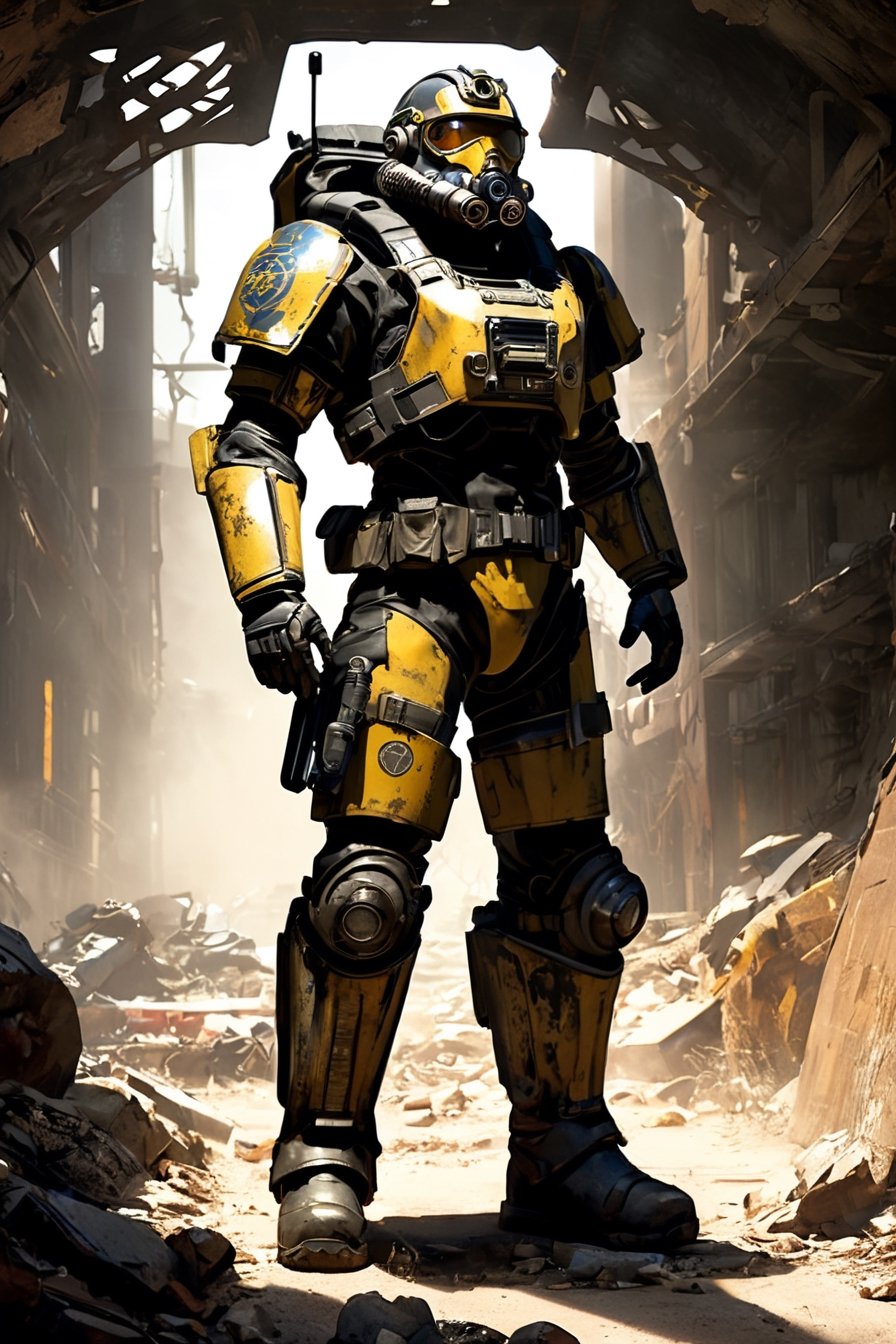 Create an image featuring a Vault 137 soldier donning an advanced thermal military suit tailored for survival in the harsh post-apocalyptic world of Fallout 5. The design of the suit should reflect the iconic aesthetic of the Fallout series, with a mix of retro-futuristic elements and rugged functionality.

The soldier, standing amidst the ruins of a dilapidated wasteland, wears the Vault 137 thermal suit adorned with hexagonal panels, reminiscent of Vault-Tec's signature design. The colors should evoke the worn and weathered look characteristic of Fallout's visual style, with tones of olive green, rusty red, and dull yellow.

The hexagonal panels of the suit should have a metallic finish, showing signs of wear and tear from years of use in the unforgiving wasteland. Embedded within the suit are advanced technological components, such as integrated sensors and a capillarity system for water recycling, giving it a distinct futuristic edge.

The soldier's stance should exude confidence and readiness for action, with weapons and gear typical of the Fallout universe at their side. Behind the soldier, the remnants of a Vault 137 entrance or a desolate wasteland landscape should set the scene, reinforcing the post-apocalyptic atmosphere.

Overall, the image should capture the essence of survival and resilience in the Fallout universe, portraying the Vault 137 thermal suit as a crucial tool for navigating the dangers of the wasteland in Fallout 5.