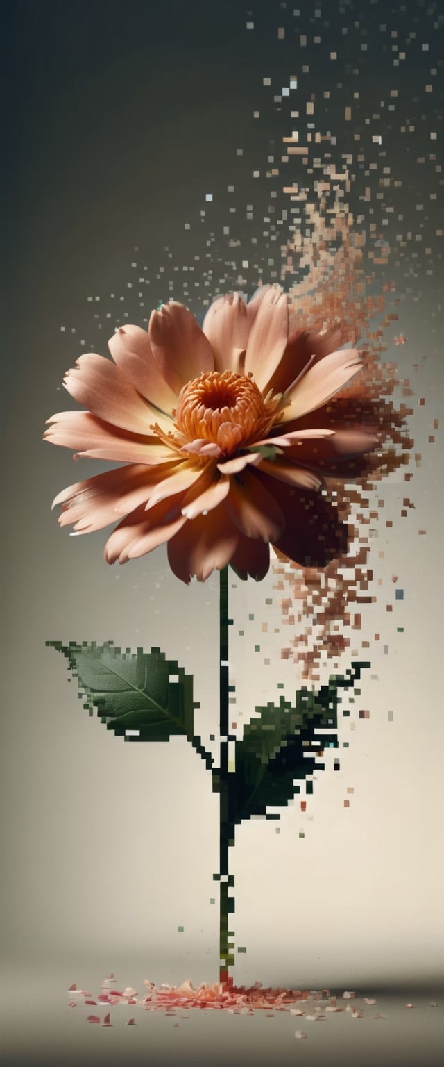 a photo of a flower with falling flower petals dissolving into pixels, cinematic, volumetric dramatic lighting, intricate