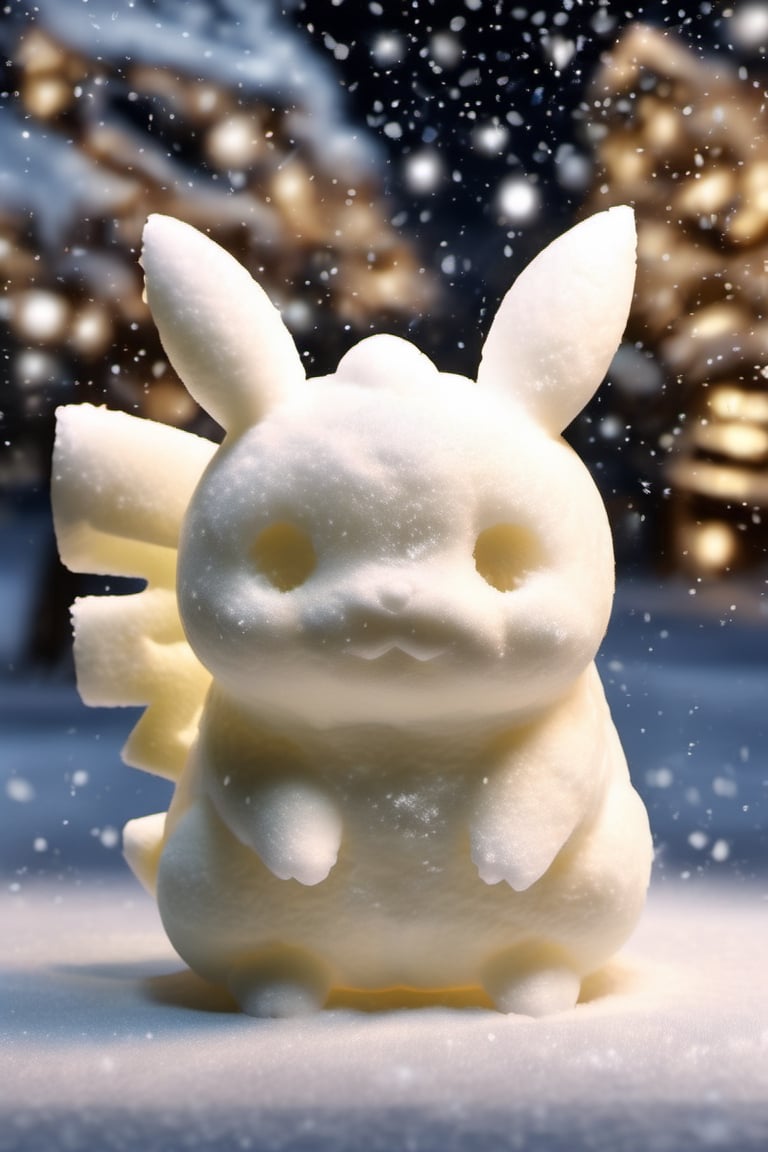 full-body photo of snow lantern pikachu made of snow, cinematic nightly, intricate, shimmer, glistening