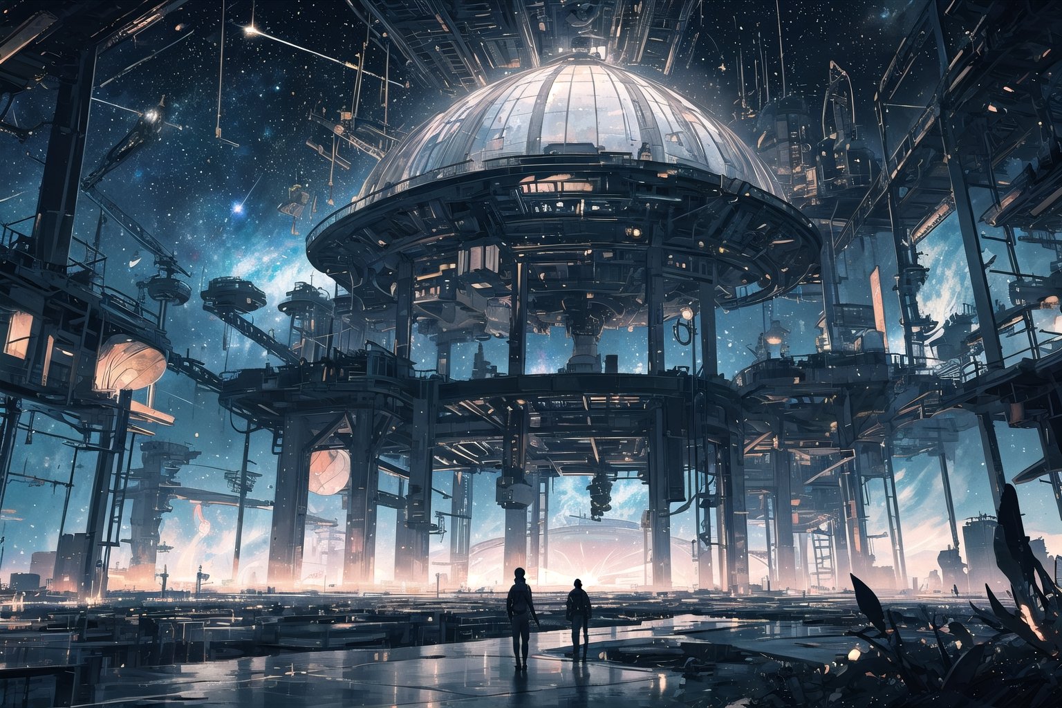 A space station made of silvery metal in universe with domes and reminescence of european architecture. This concept art is a 3d rendered illustration. The silvery colors of the space station contrast beautifully with the stark darkness of the cosmos, while the digital effects give a sense of movement and energy to the scene. The level of detail and realism in this image is truly mesmerizing, inviting viewers to get lost in the futuristic world of satellite ,masterpiece,DonMM4ch1n3W0rld ,midjourney