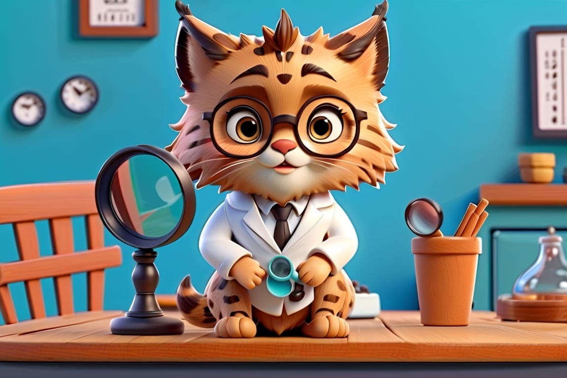 Iberian lynx with glasses sitting with a magnifying glass in his hand. on a table with glasses, 3d style,Xxmix_Catecat, Mr, littile, scientists, 3d, face, gloves, shoes, ultra hd, very detailed, elderly cartoon Iberian Lynx, round face, smiling, Disney doll type, 3D, in 8k, realistic, standing, chubby, sitting, with a magnifying glass in her hand, playful, in a white coat, pretty face.