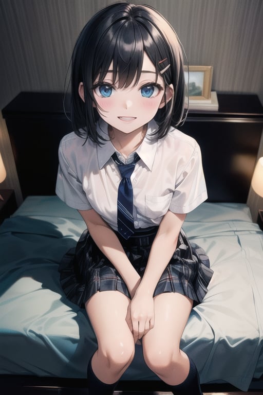 ((((masterpiece)))), 
(((best quality))),
(((ultra detailed))),
((very high resolution)),
((32k)),

1girl, solo, (((blue eyes))), (((black hair))),
((sarashina ruka)),(short hair),((small breast)),

(((white shirt))), (diagonal-striped necktie), (collared shirt),(short sleeve), (bangs), (school uniform), (black socks),(((navy skirt in plaid skirt))),cowboy shot,((gentle smile:1.3)),((little open mouth)),
((sit)),((From above)),((hairpin)),
((night:1.3)),((bedroom)),((bed)),

 ,Flat,simple,simple desing