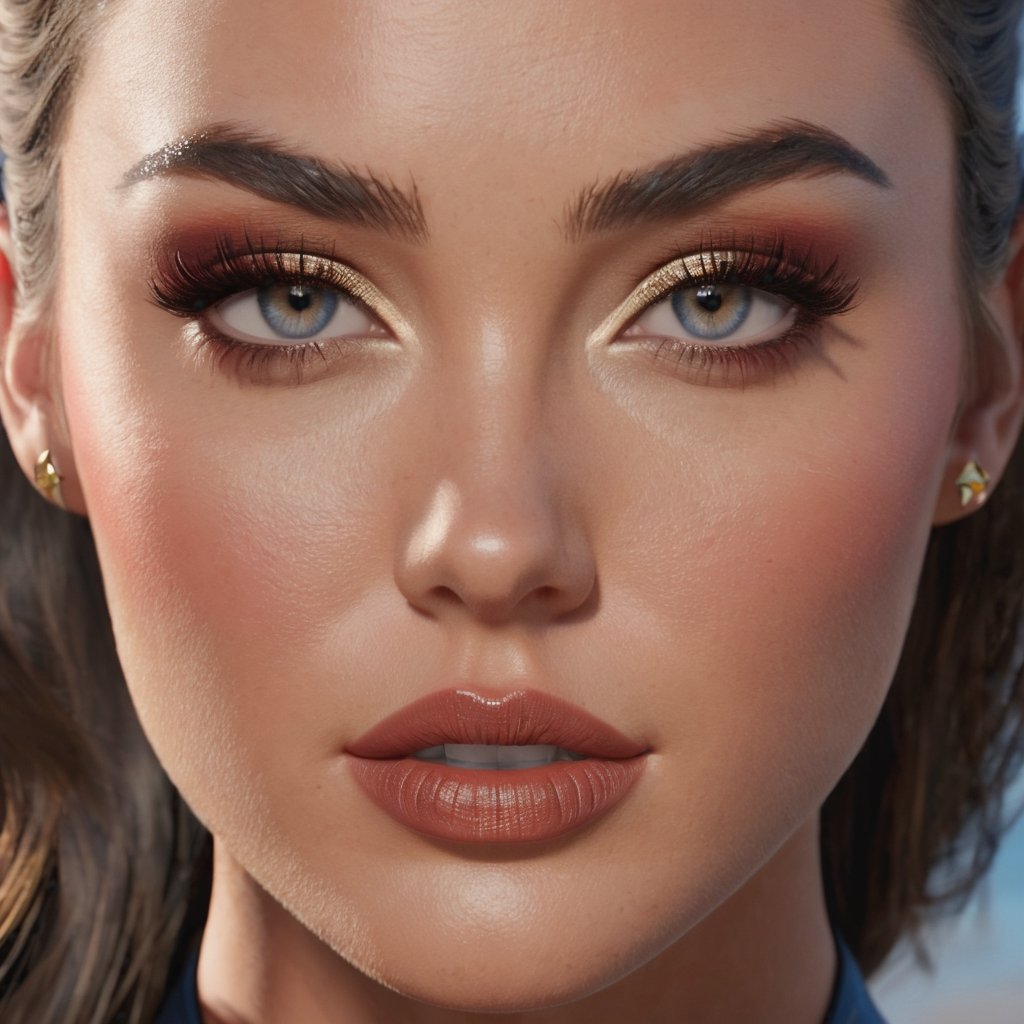 young female made from megan fox gal gadot blend,  captain marvel, modelshoot style, super realistic,  4k,  expert lighting,  perfect symmetry, Realism, Face makeup
