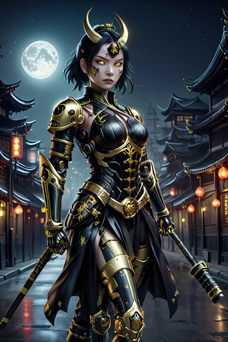 samurai midevil female robot cop in satin black with gold markings, oriental, oriental, in combat in the dark scary moonlight city street,LinkGirl