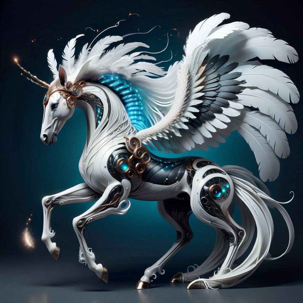 create a mystical horse hybrid creature with long flowing feather tentacles and head covered in feathers, gorgeous wings, fantasy magical image,futuristic