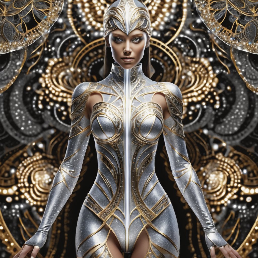 beautiful female figure whos body is completely covered in silver glitter and LED lights in a fractal symmetrical design over the figures body, a silky fabric pattern background with gold art deco patterns
