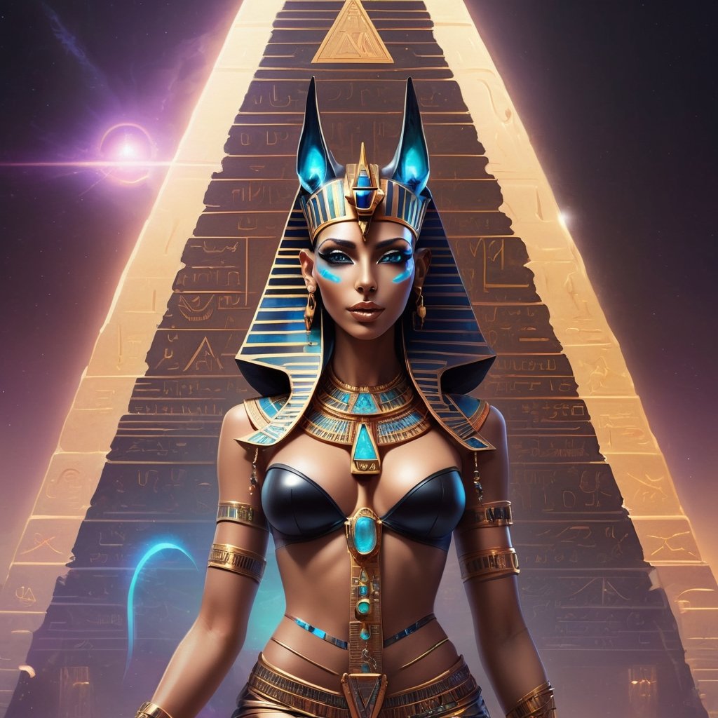 super modern futuristic fantasy egyptian pyramid with a super sexy female  anubis god,  goddess, royal, regal, queen, egyptian hieroglyphics gemstones, holographic egyptian hieroglyphics