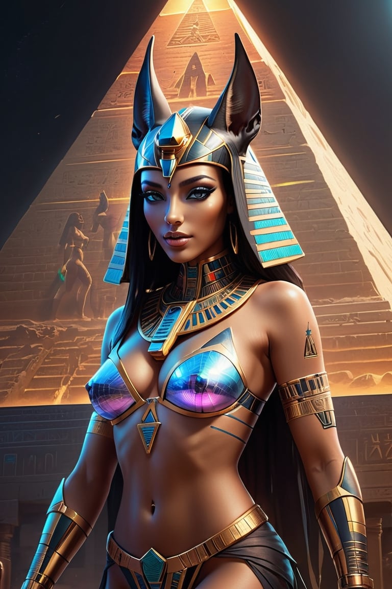 super modern futuristic fantasy egyptian pyramid with a super sexy female  anubis god,  goddess, royal, regal, queen, holographic egyptian hieroglyphics