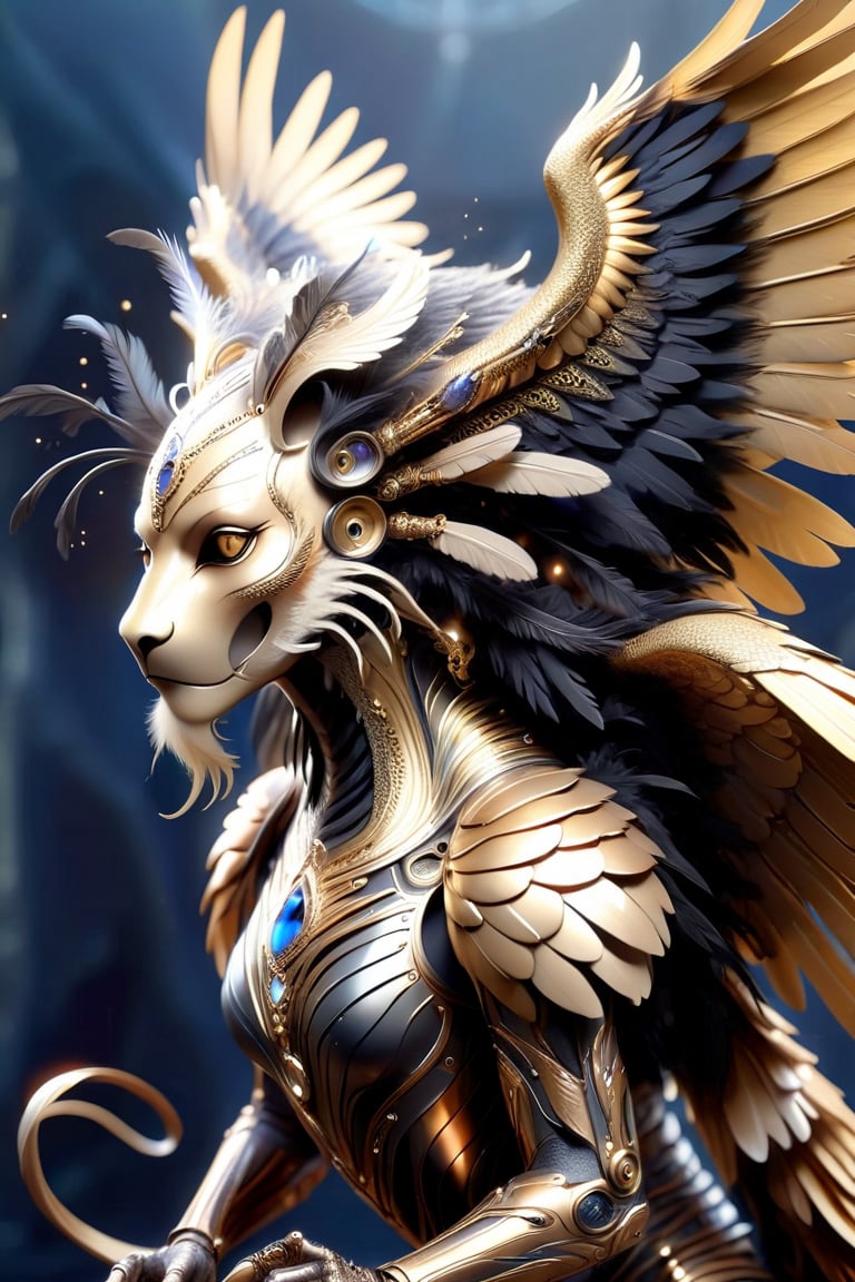 create a mystical lioness raven hybrid creature with long flowing feather tentacles and head covered in feathers, gold art deco armor, gorgeous wings, fantasy magical image,futuristic,AiArtV, metal adorning