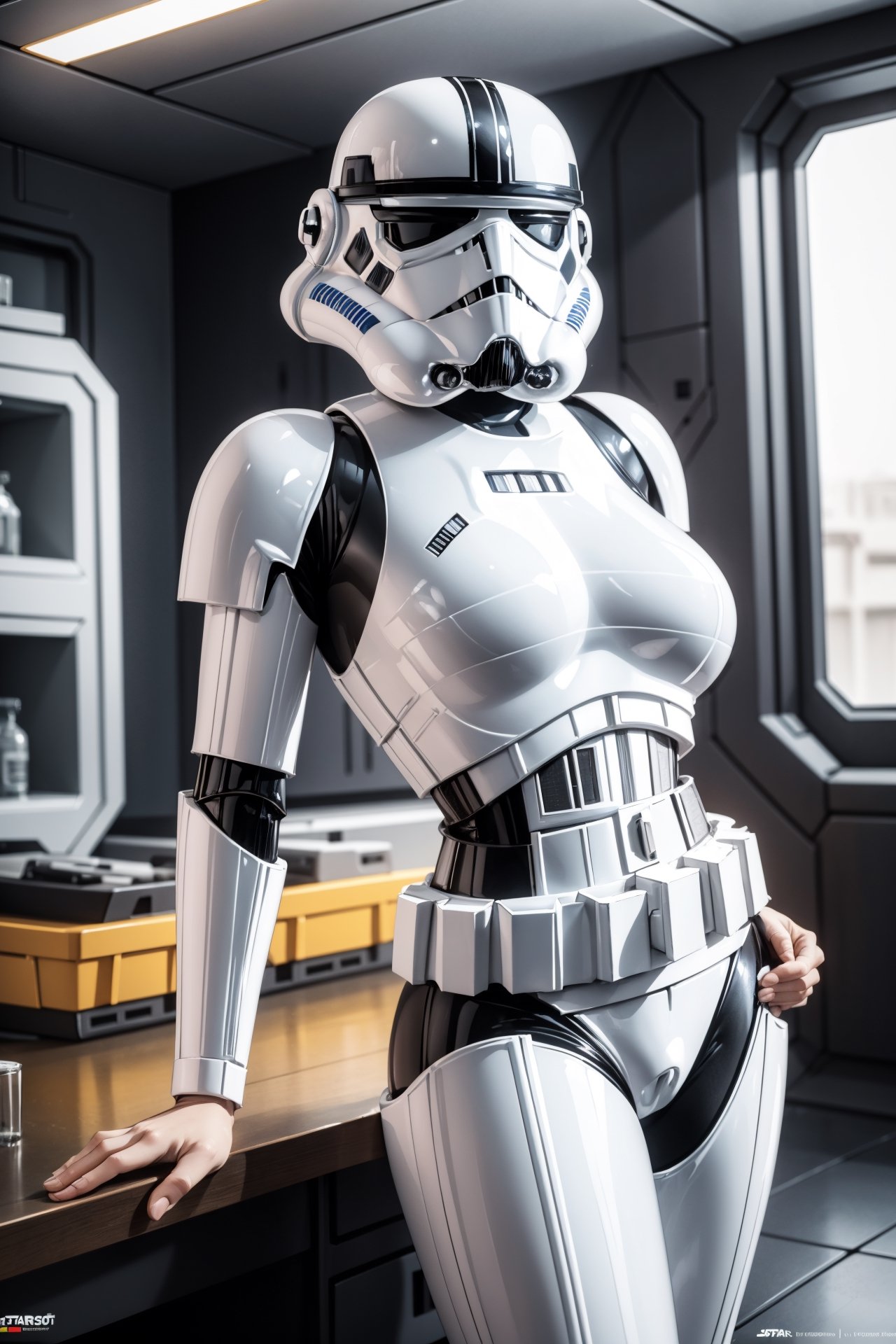 storm trooper, helmet, white armor, science fiction, star wars, pose, 1girl, solo, breasts, ,female, solo, indoors, fully_clothed, sci_fi, hyper_boobs,