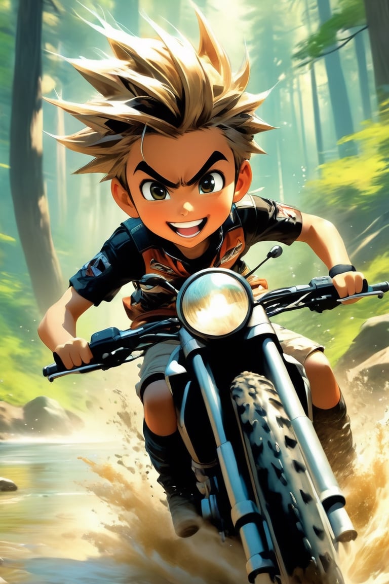 Anime artwork.  12 year old boy. Jaimito   with dark glasses driving on an off-road motorcycle, very windy, 3D, depth of field, motion blur, dirt road racing in a forest crossing a stream, dusty, reflections, water splashes, smile with open mouth, contact viewer visual,
. art by J.C. Leyendecker, anime style, key visual, vibrant, studio anime,  highly detailed,LaxpeintXL