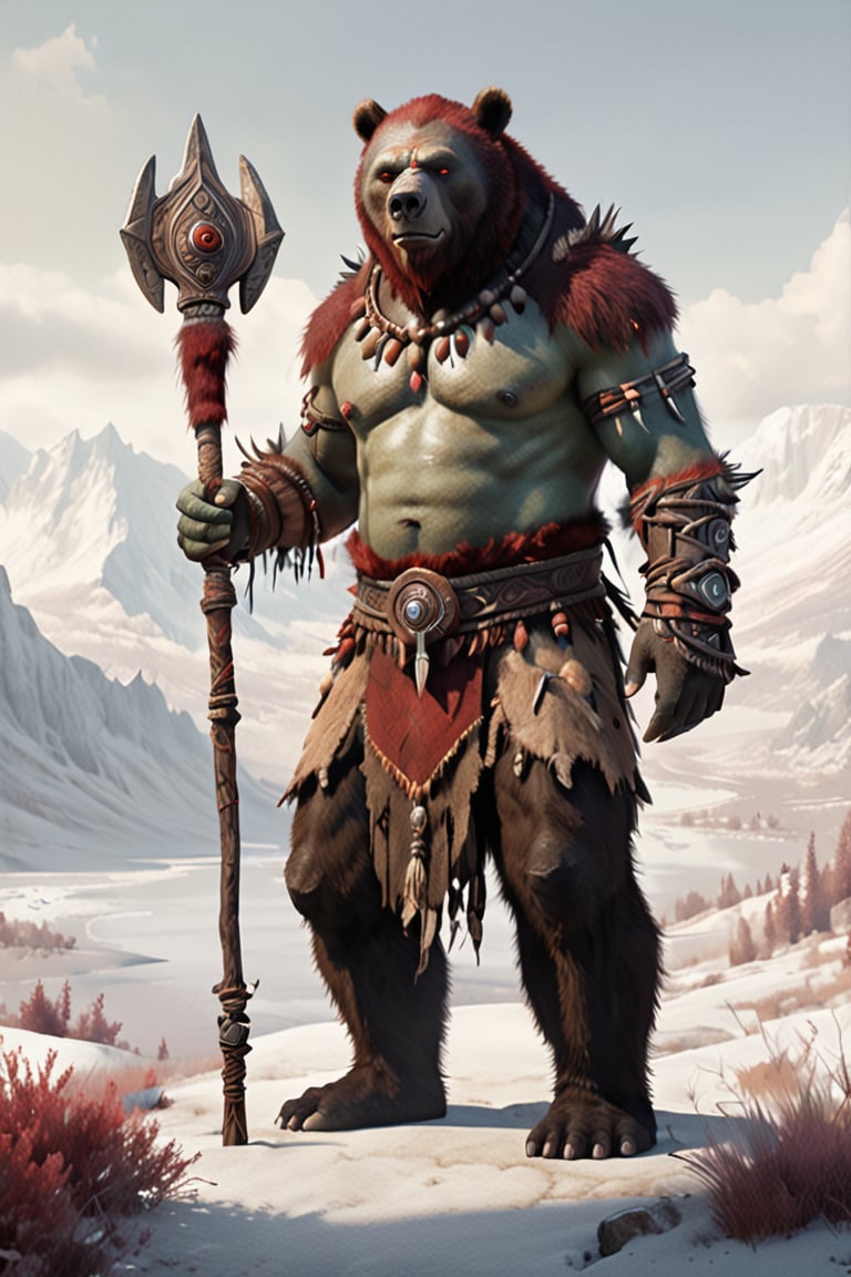 A majestic male bear skin orc shaman stands proudly, his red-tinged skin glistening in the soft light. He holds a staff, his eyes fixed straight ahead as he surveys the landscape. His full body, including legs, is showcased against a simple, white background, with a subtle texture reminiscent of watercolor. The medieval-inspired scene features muted pastel colors, with intricate details and high-quality textures that pop in 8K resolution. The overall atmosphere is serene, inviting the viewer to step into this mystical world.