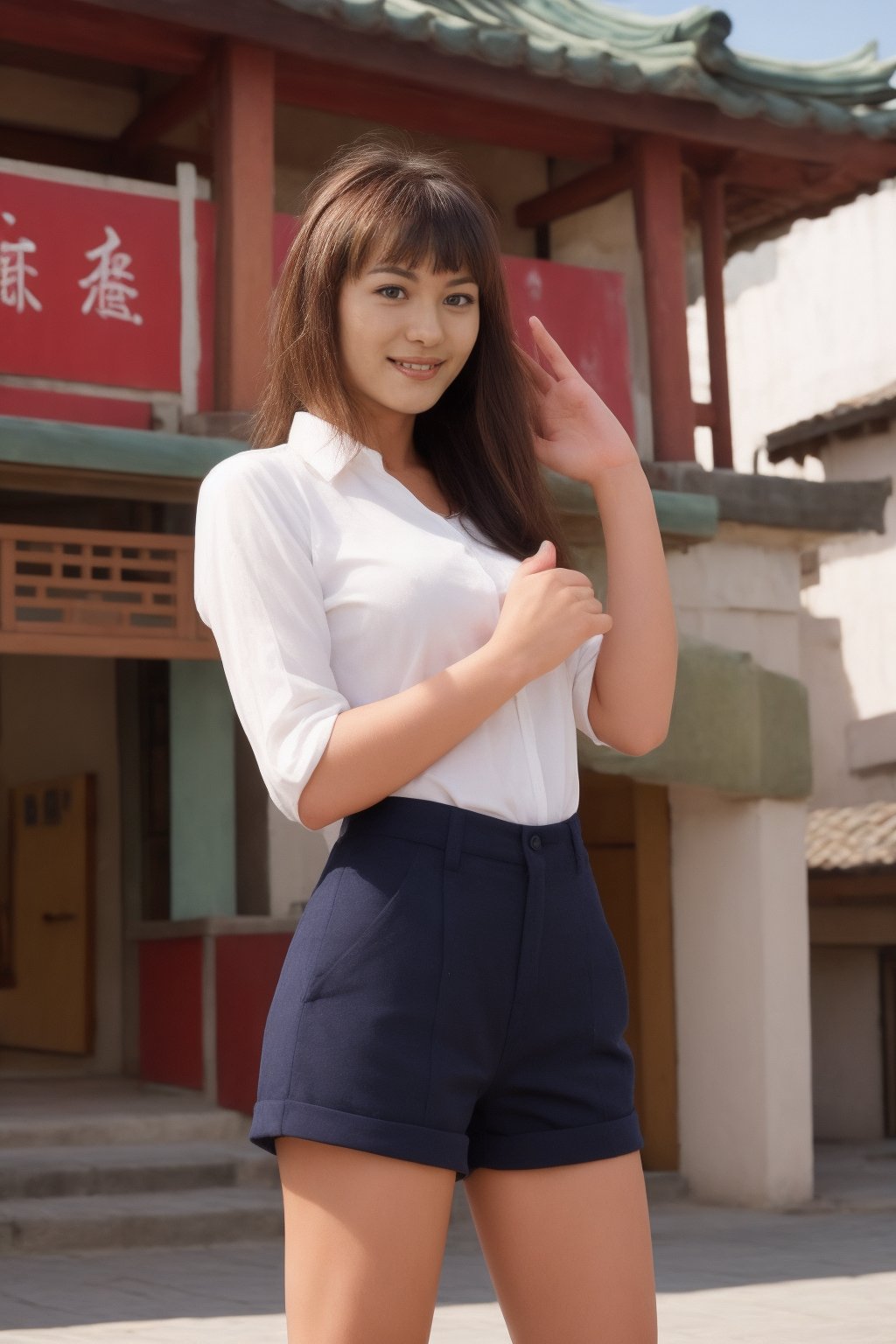 hutaornd, masterpiece, best quality, 1girl, hu tao (genshin impact), boo tao,hat, red eyes, twintails, brown hair, solo, symbol-shaped pupils, long hair,bangs, black shorts , chinese clothes, flat_chest, Standing in a picturesque Chinese village. With a mischievous expression on his face, Hu Tao raises one hand in a gesture of greeting, while with the other hand he makes a playful gesture, as if he is up to something. His mischievous smile and mischievous look reflect his playful and energetic personality. The atmosphere of the Chinese village is reflected in the details of the pagoda roofs and hanging lanterns that decorate the cityscape.
,incredibly absurdres