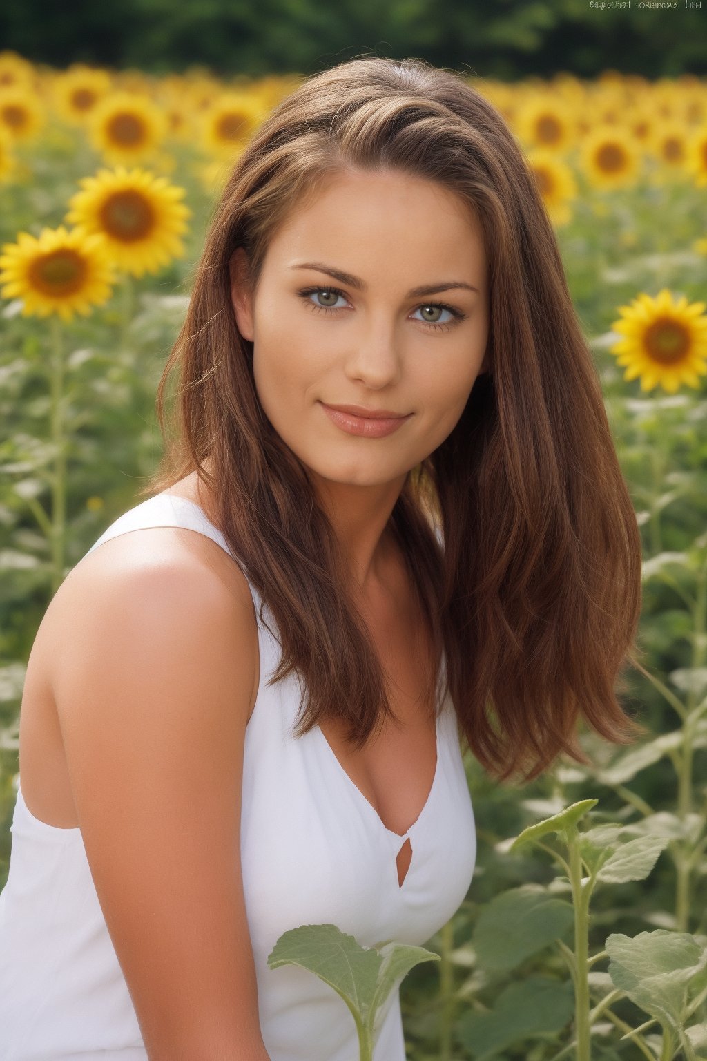  A beautiful woman. Sunflower field. Best Quality, Crazy Details and Sharp Focus, Masterpiece, Professional, Award Winning, Fine Detail, High Detail, UHD, 64k, Soft Look