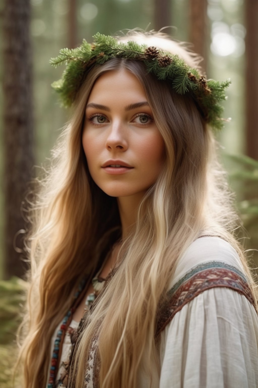 Generate hyper realistic image of a bohemian and nature-loving Scandinavian woman with long,flowing hair,wearing an ethereal and earthy outfit,exploring a serene forest with tall pine trees and picturesque landscapes.Extremely Realistic,up close