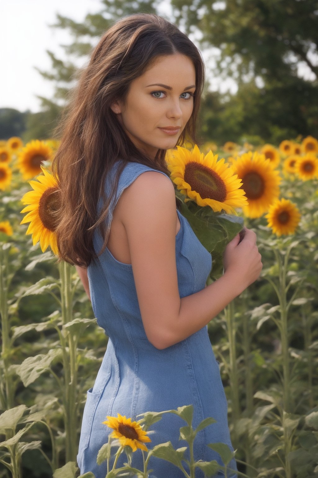  A beautiful woman. Sunflower field. Best Quality, Crazy Details and Sharp Focus, Masterpiece, Professional, Award Winning, Fine Detail, High Detail, UHD, 64k, Soft Look