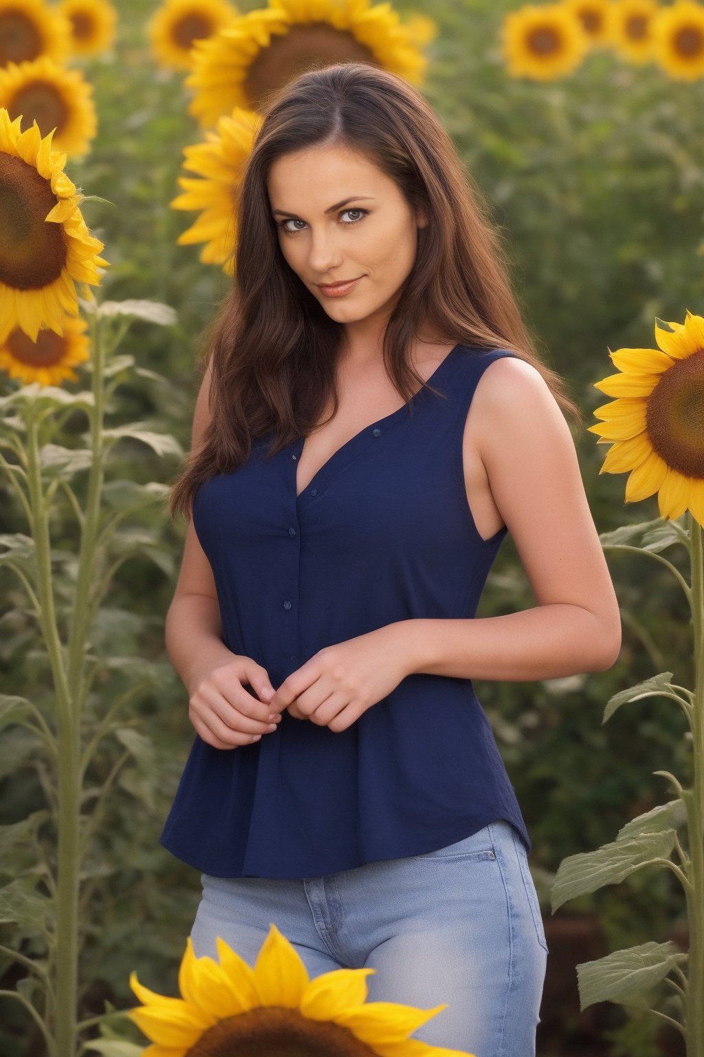  A beautiful woman. Sunflower field. Best Quality, Crazy Details and Sharp Focus, Masterpiece, Professional, Award Winning, Fine Detail, High Detail, UHD, 64k, Soft Look