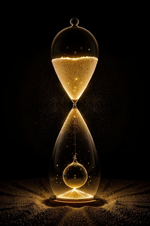 A colossal hourglass of golden sand suspended in mid-air against a starry black background, its delicate curves and swirling grains illuminated by soft, ethereal light. The giant timekeeper's massive glass body glows with a subtle luminescence, as if the sands themselves are infused with an otherworldly energy.