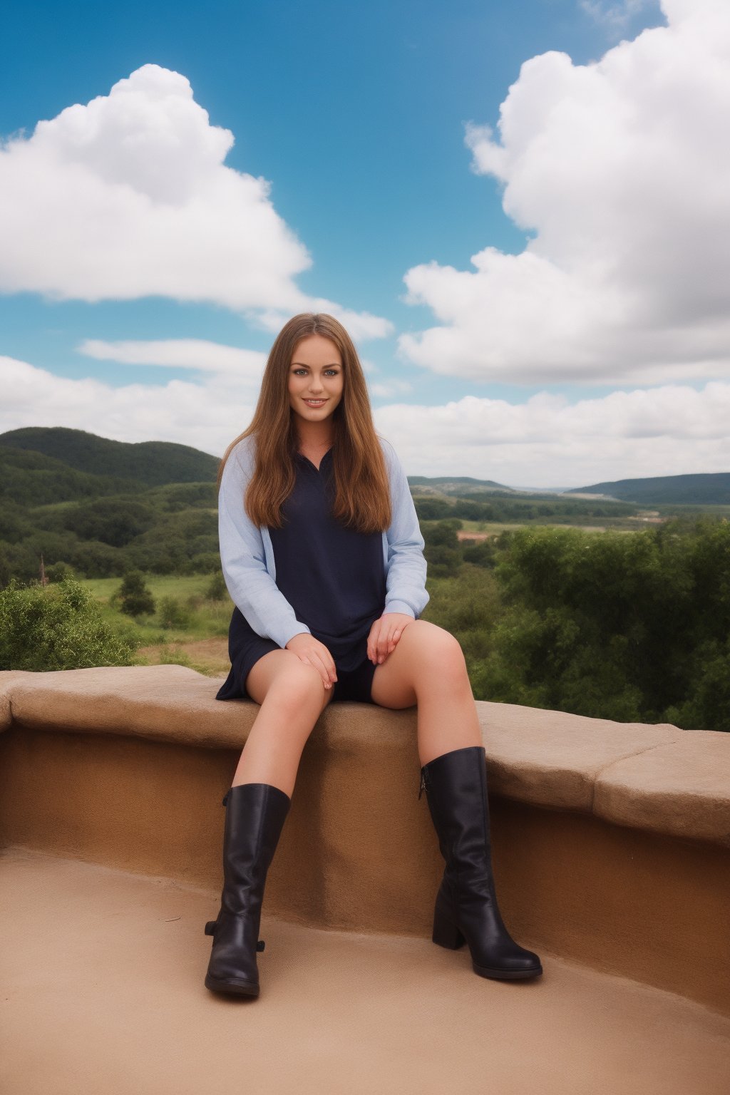 1girl, solo, long hair, blonde hair, boots, sky, day, cloud, scenery