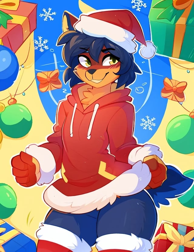 By Kilinah, Hioshiru, Furry, Michhiru Kagemori, Anthro, Solo, Full Body, Christmas party, boy, wholesome, handing out gifts