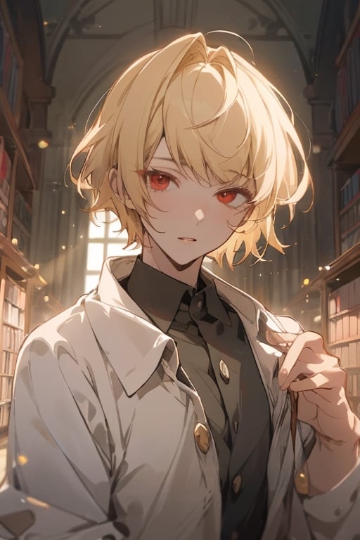 school clothing, library, midjourney, beautiful, masterpiece, best quality, extremely detailed face, perfect lighting, best quality, ultra detailed, highly detailed, perfect face, 1 boy, short hair, long bowl-cut style, side swept bangs, school boy, button up shirt, blonde, red_eyes